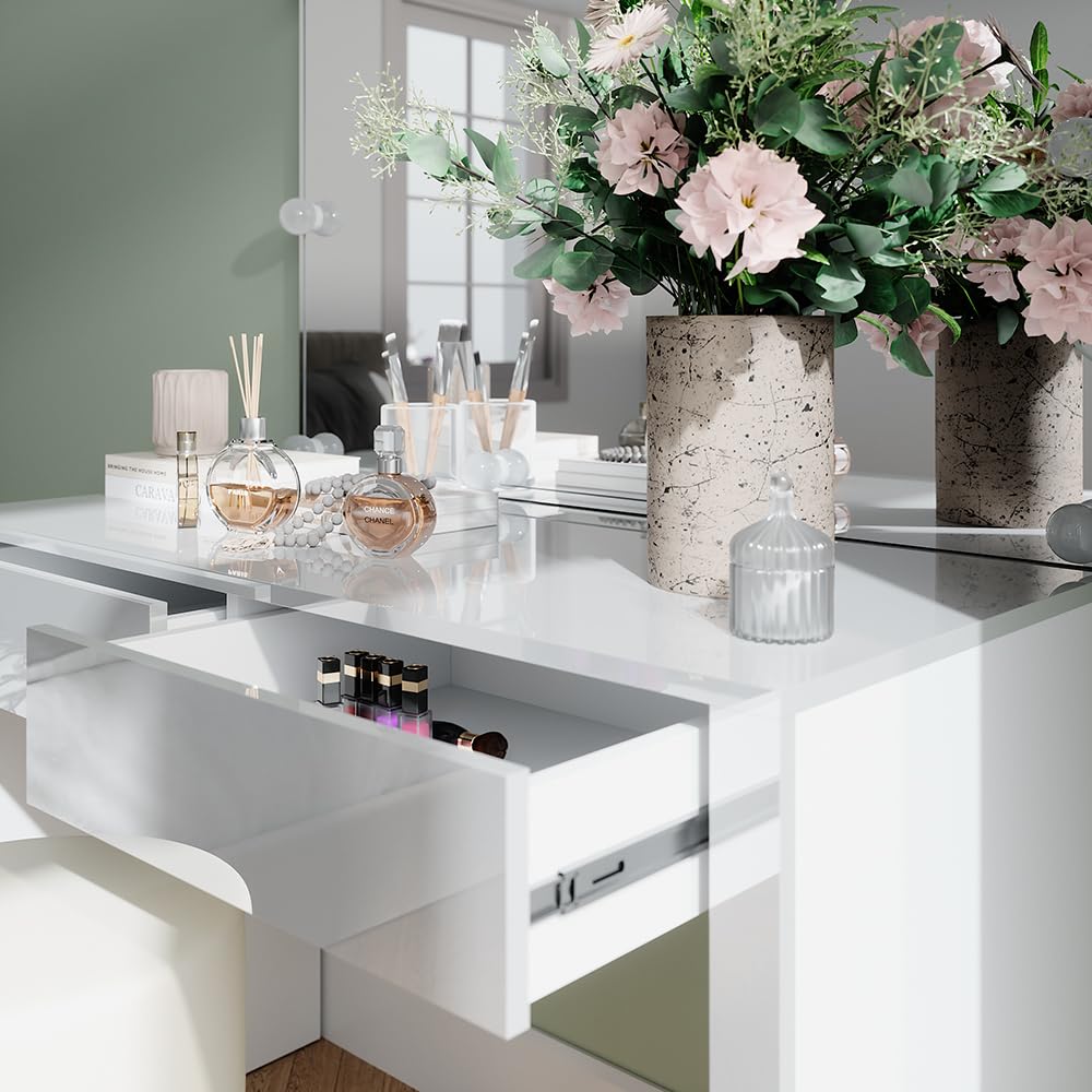 Vicco Tocador Annabelle, Blanco Alto Brillo/Blanco, 110 cm | con iluminación LED y taburete, Mantiene los productos de uso diario siempre al alcance de la mano