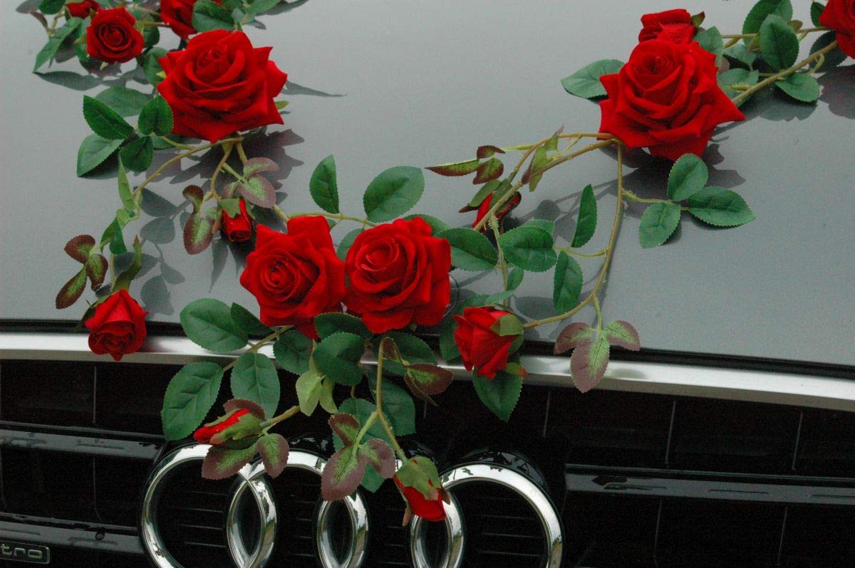 TOPDEKO Autoshmuck perfekte Samtrosen, natürliche Rosenblätter, höchste Qualität Braut Paar Rose Deko Dekoration Hochzeit Car Auto Wedding (RG rot)