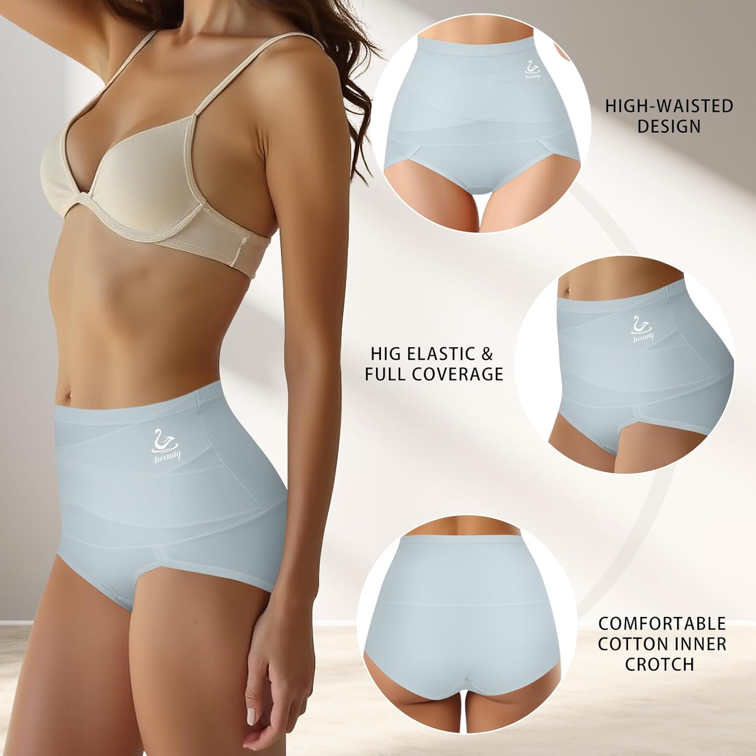 Women's High Waisted Underwear Tummy Control Cotton Panties Full Coverage Postpartum Briefs 4 Pack - Image 5