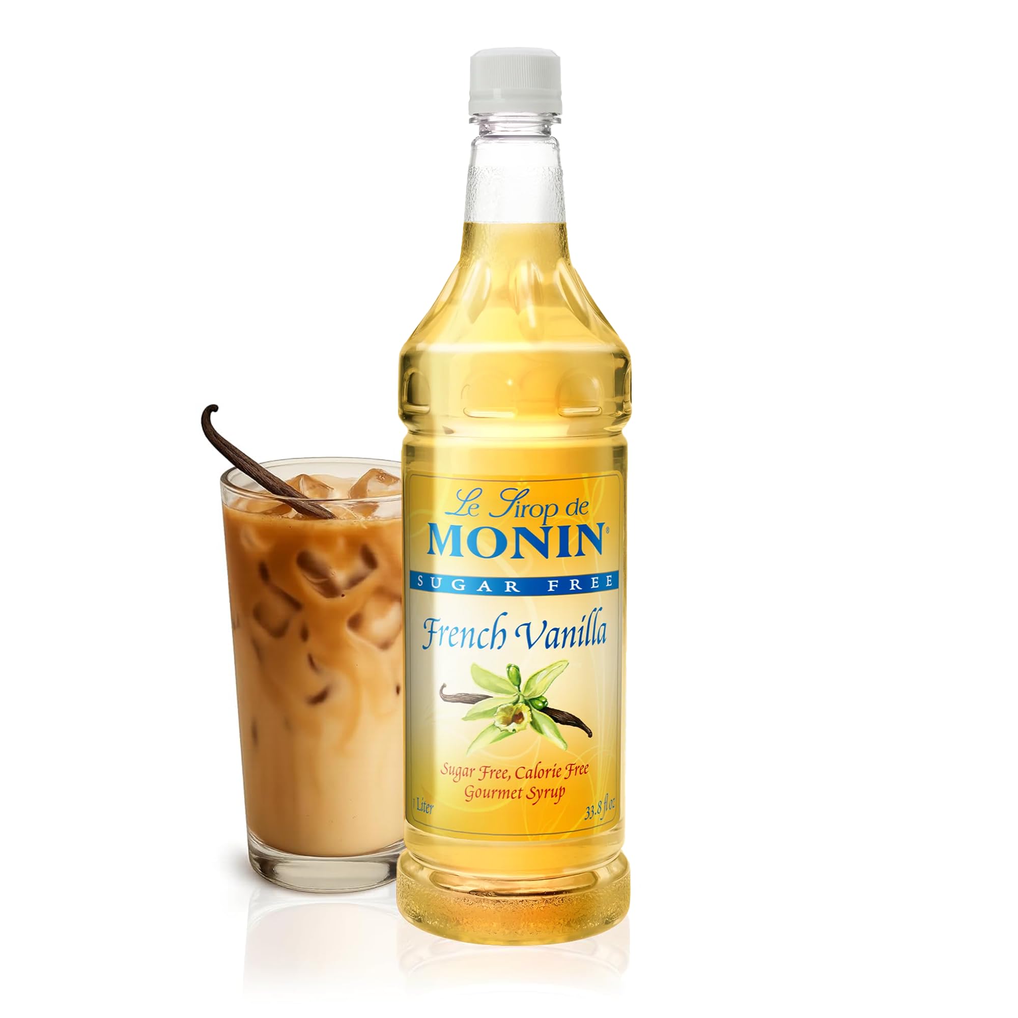 Monin - Sugar Free French Vanilla Syrup, Bold Vanilla Bean Flavor, Great for Coffee, Cocktails, & Lattes, Gluten-Free, Vegan, Non-GMO (1 Liter)