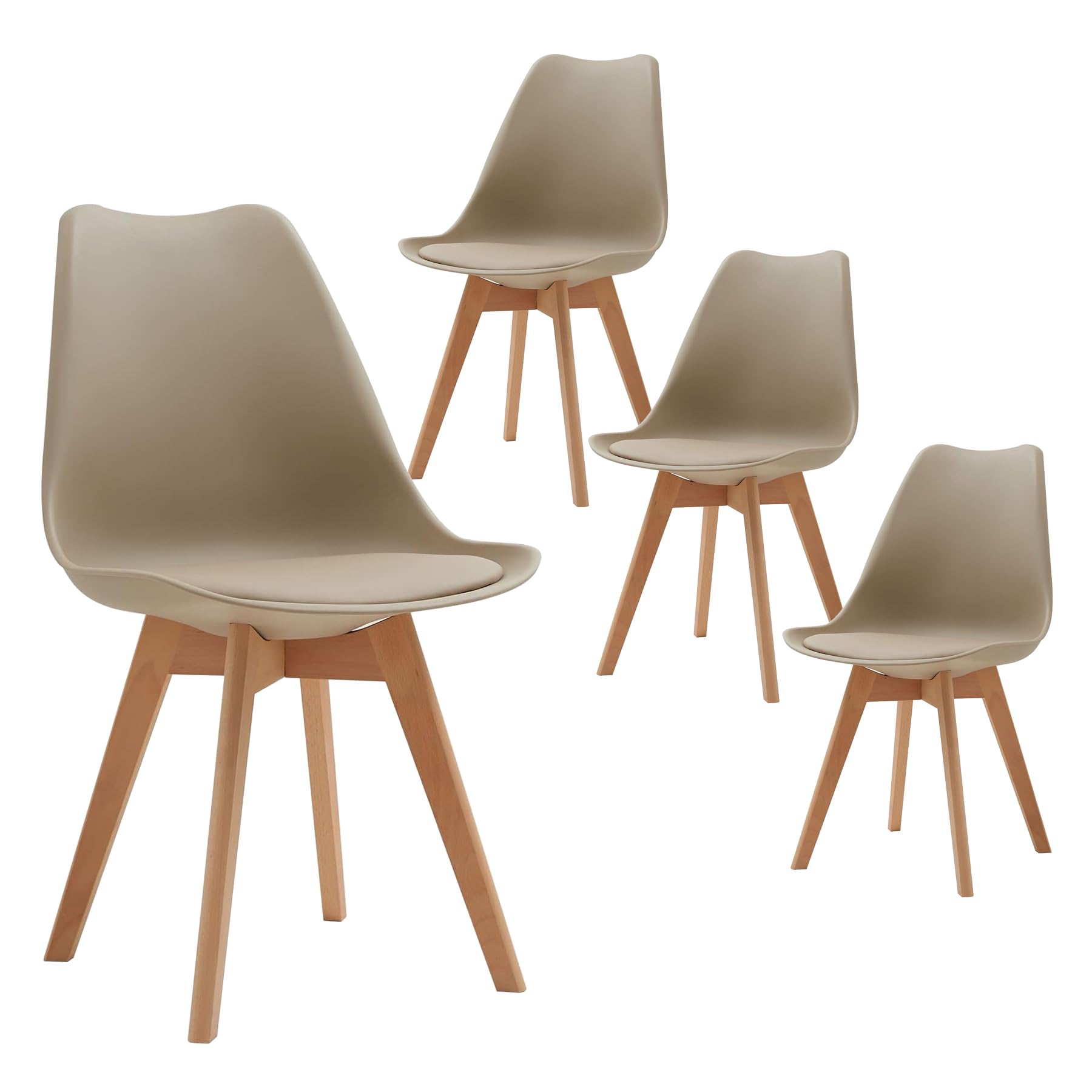 TTATC Pack de 4 Sillas de Comedor con Patas de Madera Maciza de Haya, Sillas de Cocina de Diseño Nórdico Sillas de Oficina de Madera con Asiento Acolchado,Caqui