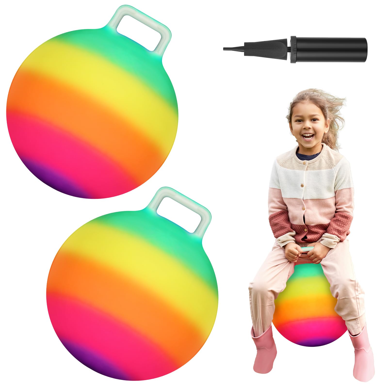 Poen 2 Pcs Bouncing Ball with Handle, Hopper Jumping Hopping Ball with Air Pump for Games(18 Inch,Rainbow)