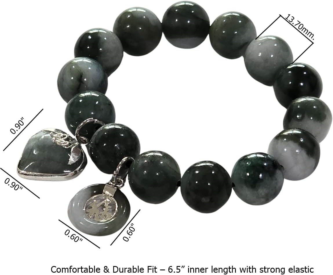 Premium Natural Green Jade Bracelet 13.7mm Beads – Handmade Elastic Rope 6.5” with Heart & Lucky Coin Charms – Healing Crystal for Wealth, Health, Love & Protection – Unisex Gift Pouch Ready - Image 3