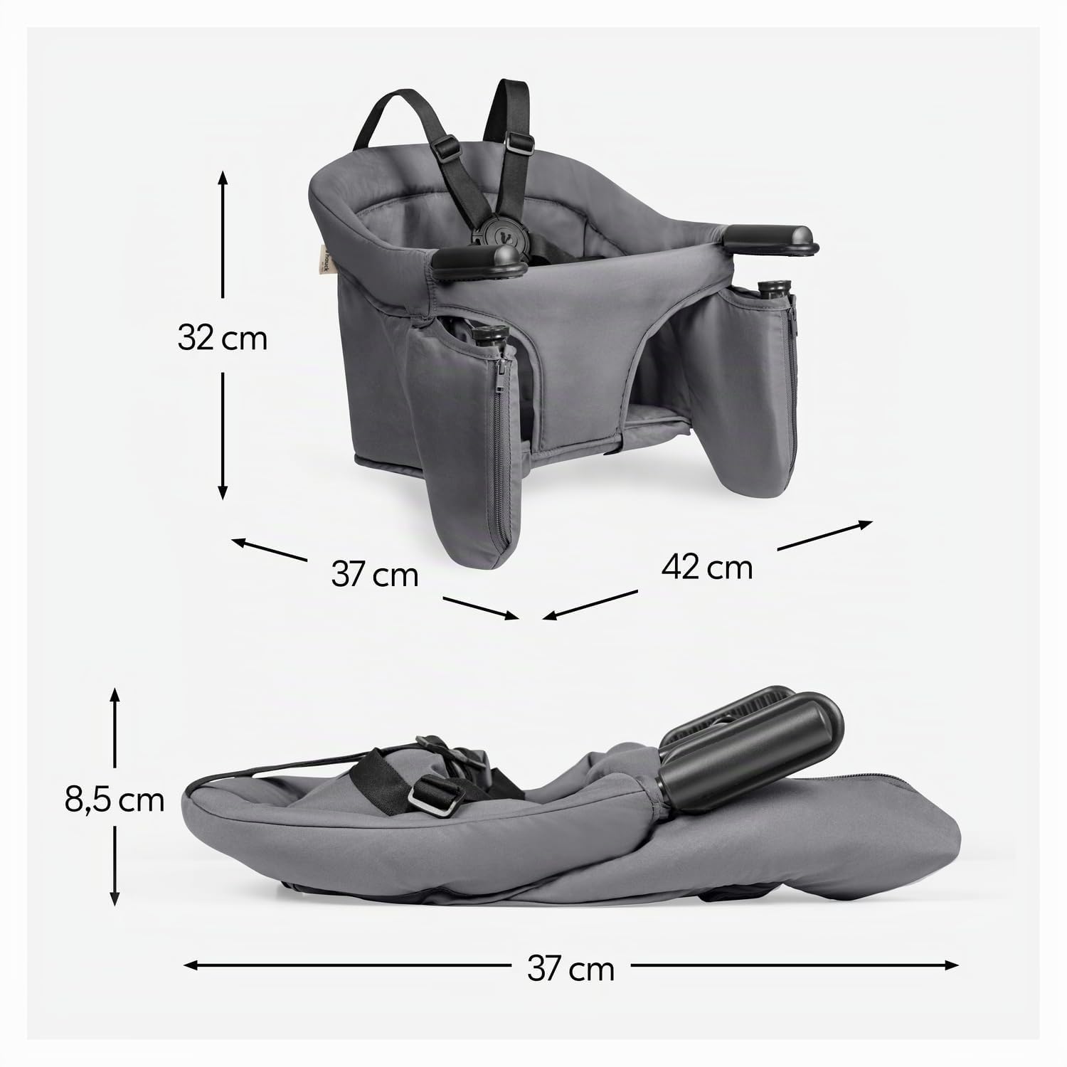 hauck Fix N Sit Silla de Mesa Bebé | Trona de Viaje Plegable con Arnés de 5 Puntos desde 6 Meses hasta 15 kg - Fijación Segura - Bolsa de Transporte - Ligera y Compacta - Ideal para Viajar - Gris