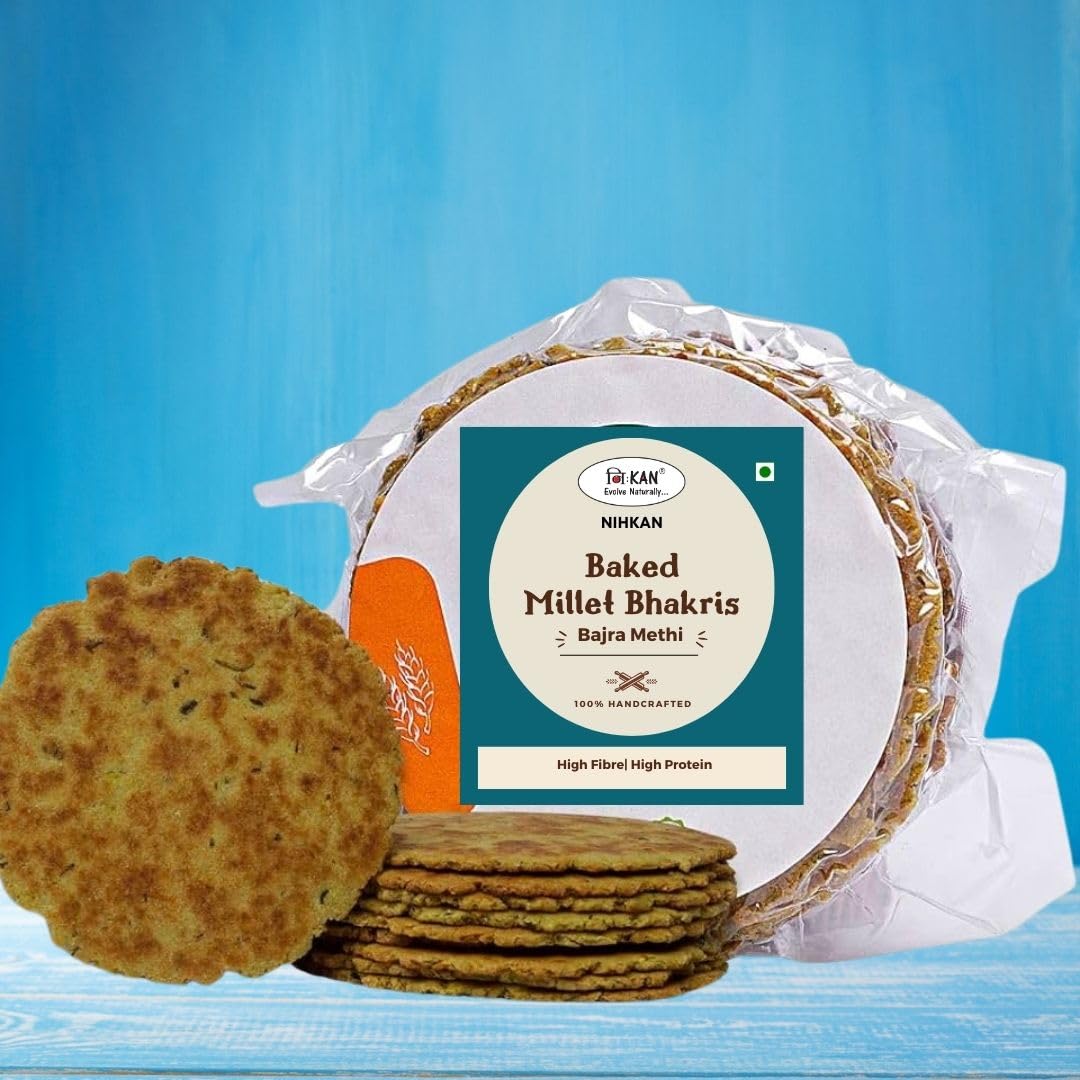 NIHKAN Baked Bajra Methi Bhakhri - 200 Gms | 100% Millet No Wheat - Ready to Eat Millet Snack | Low Calorie No Palm Oil No Preservatives | Healthy Traditional Gujarati Snacks | Made in cold pressed sesame oil