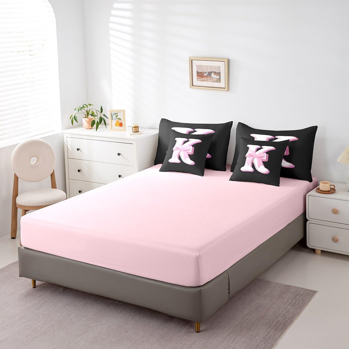 jejeloiu Kids Girls Black Pink Bow Comforter Set with Sheets Queen Size Monogrammed 7 Piece Bedding Set Personalized Initial K Bed in a Bag with Comforter,Sheets,Pillowcases Modern Fashion Bed Set