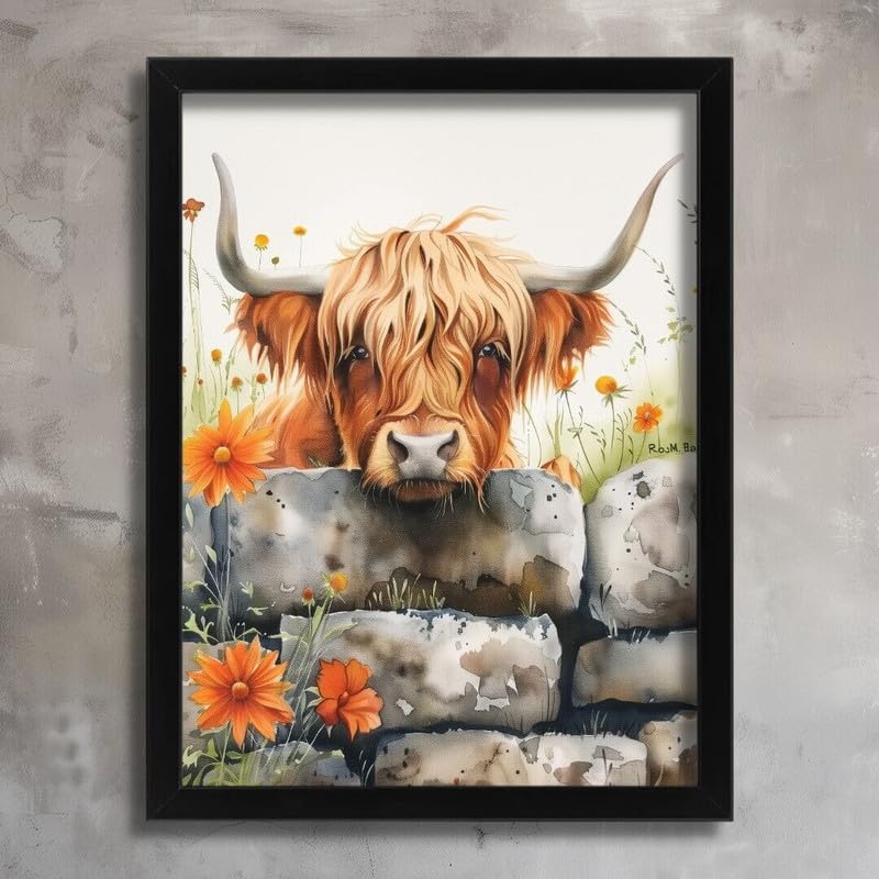 CUTE HIGHLAND COW BEHIND WALL HOME DECOR PICTURE WALL ARTWORK ANIMAL COW PRINT Poster A5 - Wall Art Home Decor Movie Poster Canvas Film Cinema Retro Vintage Cult Classic Nostargic Saga Modern reprint