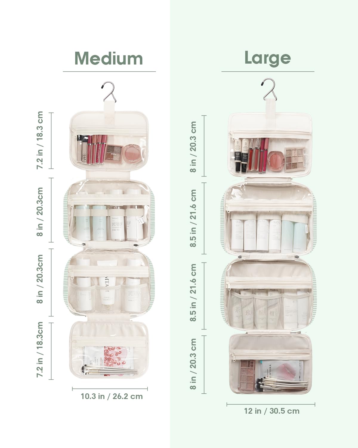 Narwey Large Hanging Travel Toiletry Bag for Women Wash Bag Cosmetics Makeup Bag Organizer for Full Size Accessories (Mint Green Stripe (Large)) - 4