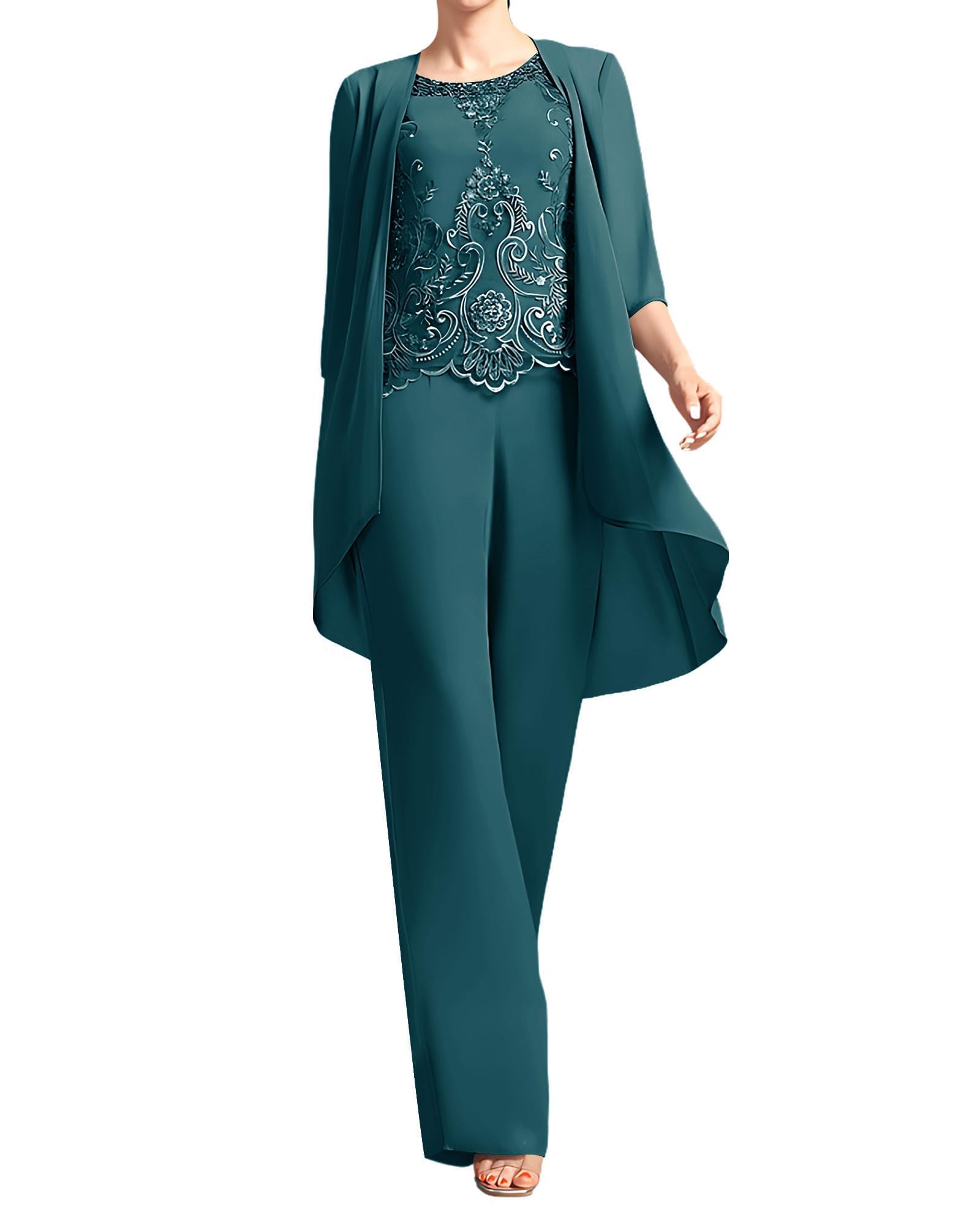 3 Pieces Mother of The Bride Pant Suits - 3 4 Sleeve Lace Chiffon Formal Jumpsuits for Women