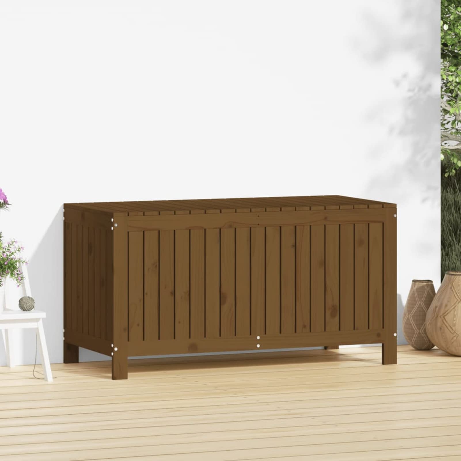 Homgoday Gartentruhe Kissentruhe Auflagenbox Kissenbox Gartenbox Aufbewahrungsbox Gartentruhe Holztruhe Deckel mit Gasdruckfeder | für Garten Terrass Honigbraun 121x55x64 cm Massivholz Kiefer
