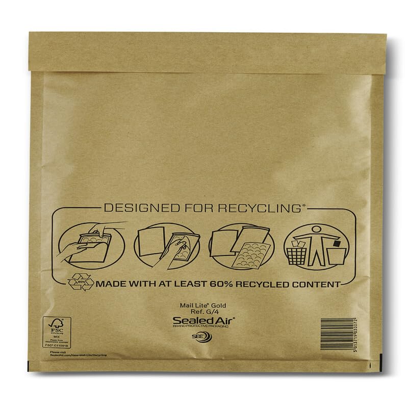 Sealed Air Mail Lite Bubble Padded Envelopes - Gold/White (Gold, G/4 (240 x 330mm) - Box of 50)