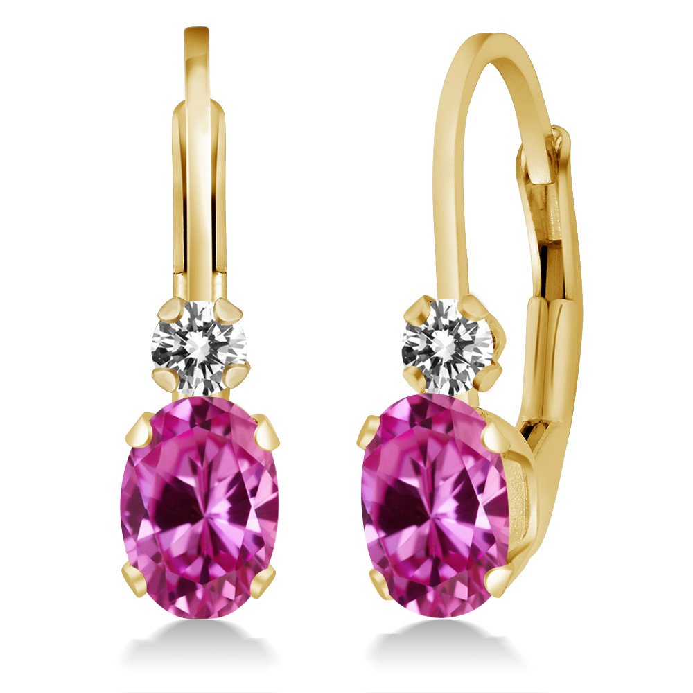 Gem Stone King 14K Yellow Gold Pink Created Sapphire and White Diamond Leverback Earrings For Women | 1.07 Cttw | Gemstone September Birthstone | Oval 6X4MM, Round 2MM | 3/4 Inch