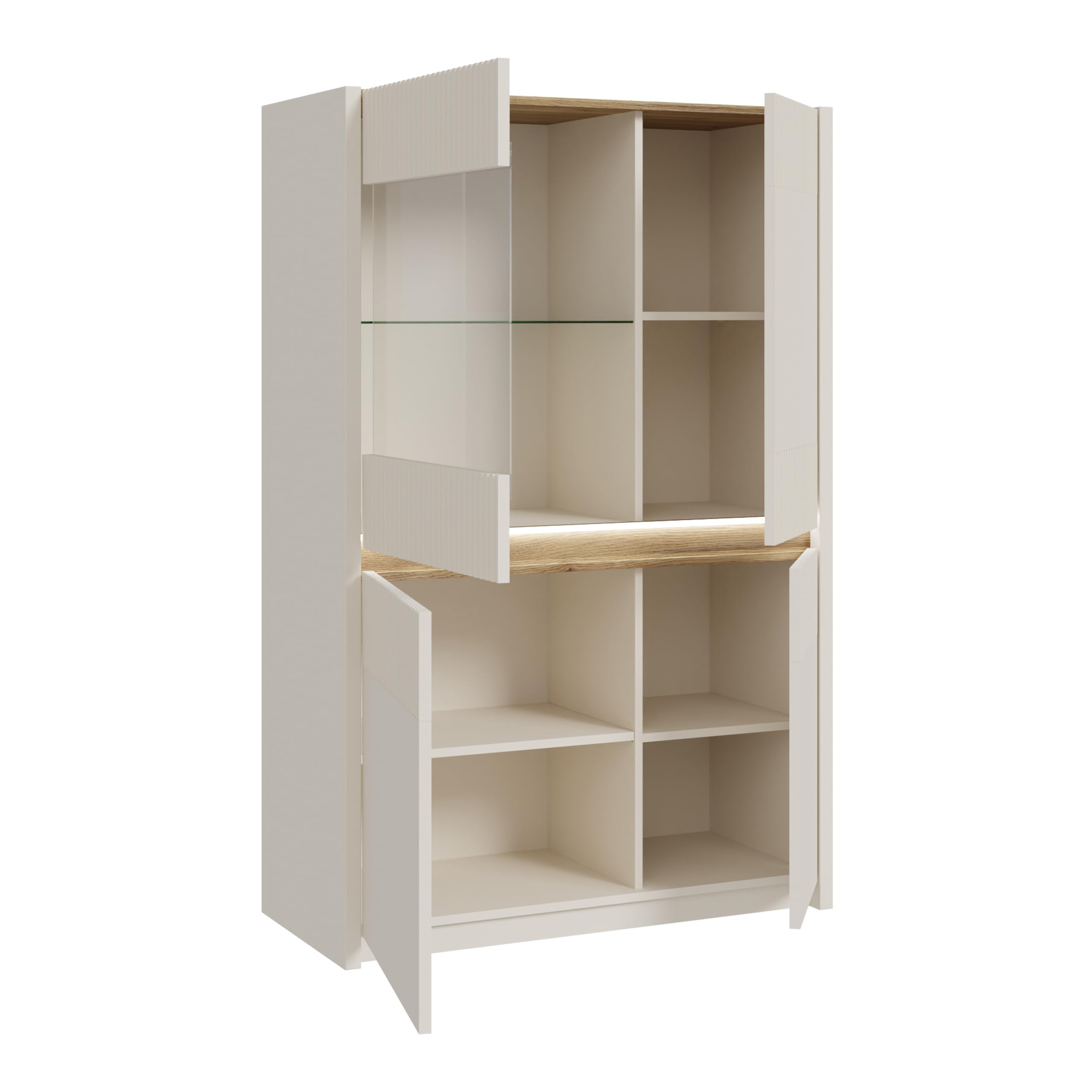 Forte Oak SQUERE Vitrine 90 100, Elegante Wohnzimmervitrine mit 4 Türen und Beleuchtung, Holzwerkstoff, Mauvella Eiche Holzdekor/Sand, 95,3 cm breit x 146,7 cm hoch x 41,5 cm tief