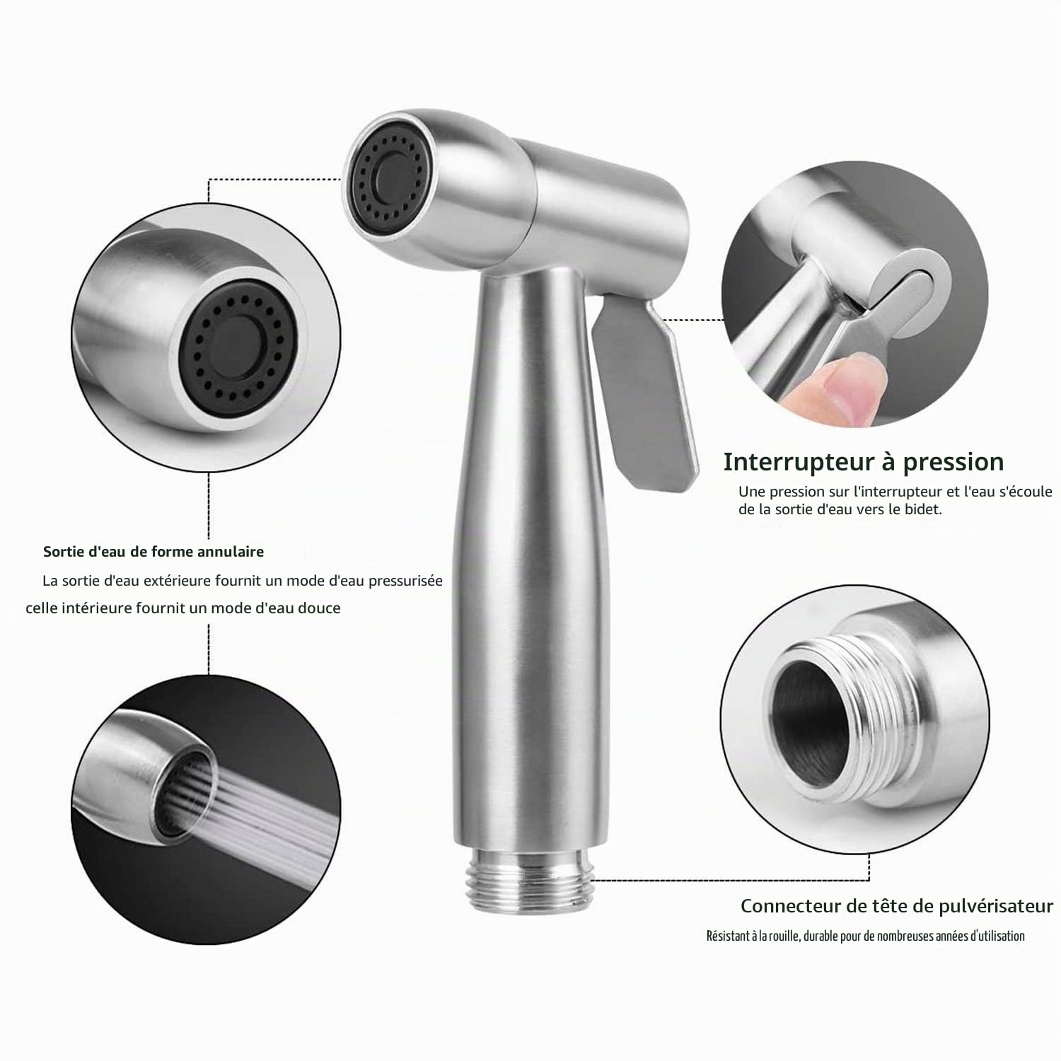 Pulvérisateur de bidet portable ABS 150 cm avec tuyau télescopique flexible pour salle de bain