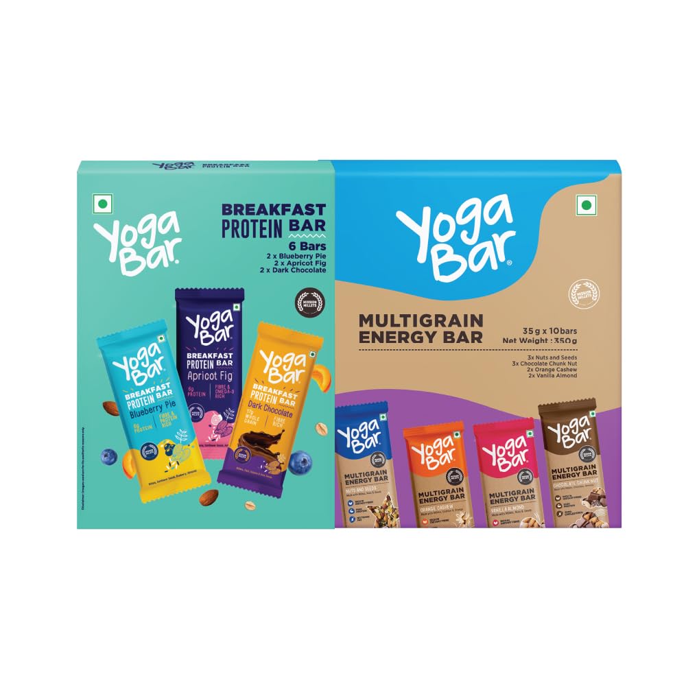 Yogabar Protein Bar Combo, 16 Bars | Multigrain Energy Bar x 10 and Breakfast Protein Bar x 6 | Protein Snack with High Fibre