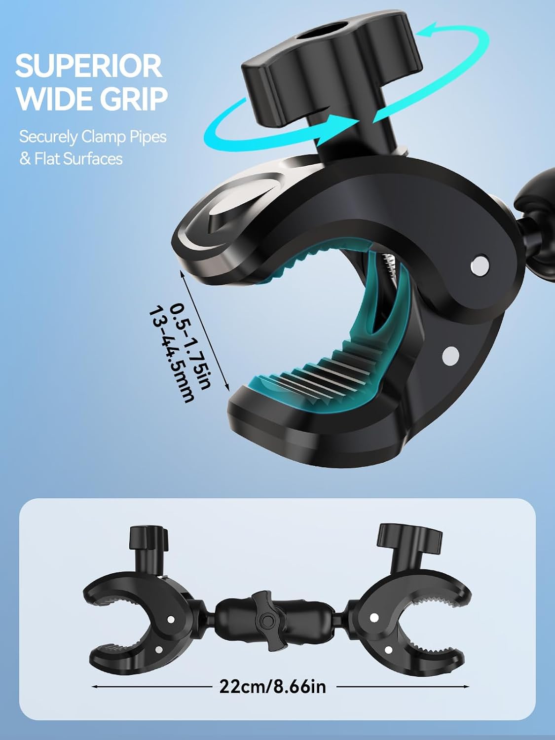 MAGJIEYX Double Clamp Mount, 360°Magic Arm for Umbrella Pole and Chair Monitor Desk Photo Studio Light Stand, Photography Reflector, Strollers, Motorcycle, Flag Holder Moun（8.66in）