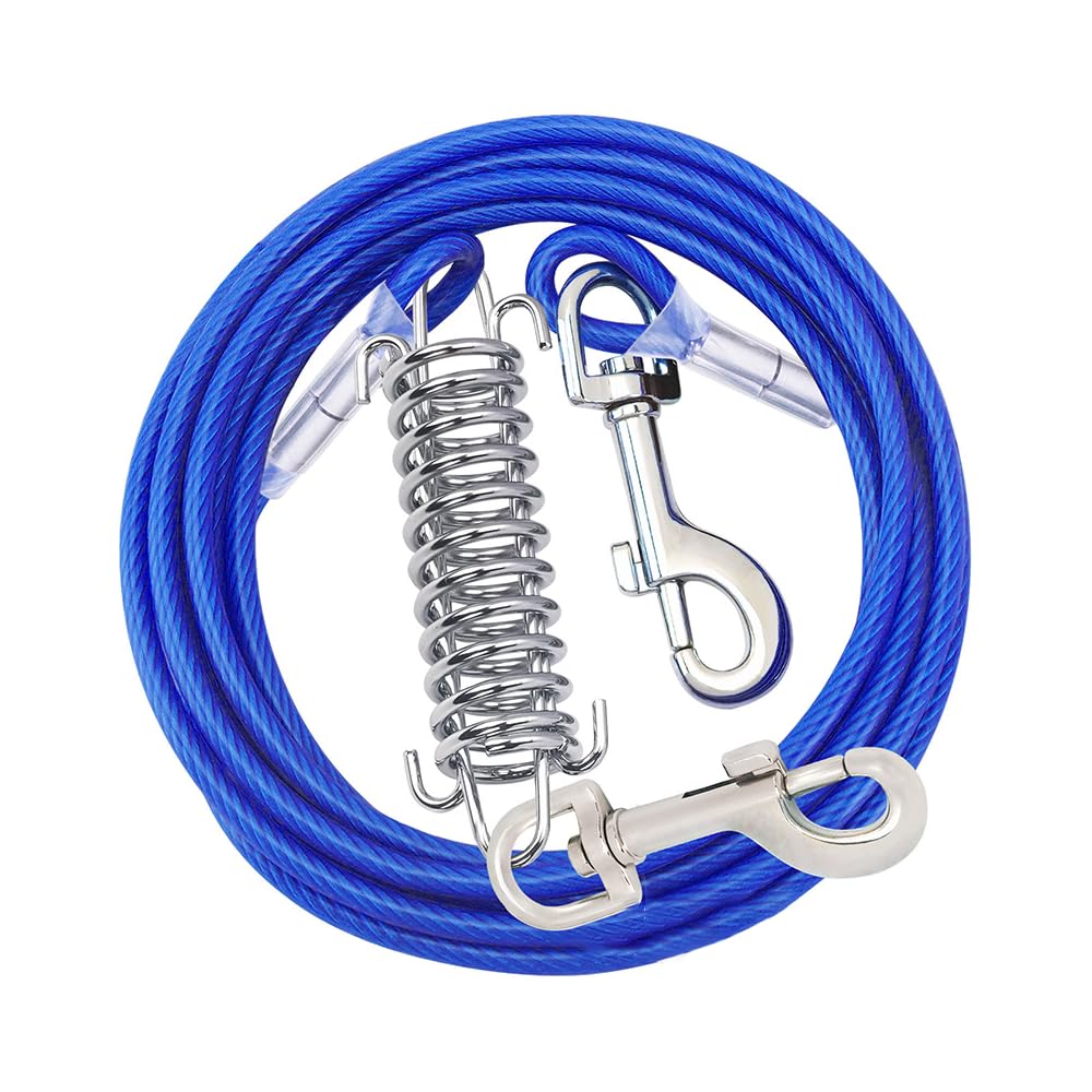 Dog Tie Out Cable For Dogs-10ft Dog Chains Leash,Dog Runner Cable For Yard,Water & Rust Resistant Industrial Strength Steel Cable -360 Degree No Tangle Swivel Clips. (Blue, Buffer Spring -3m/250lbs)