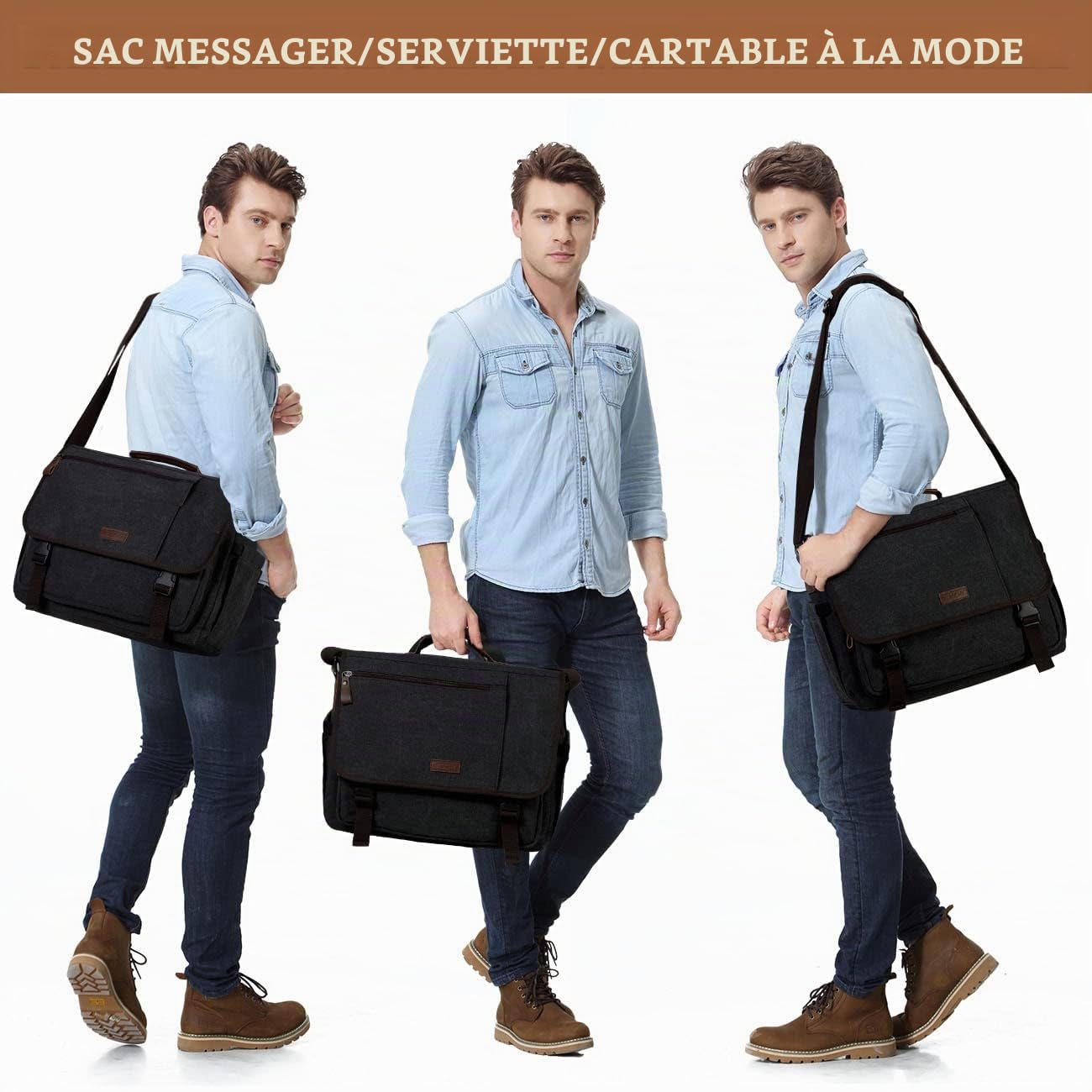 VASCHY Sacoche Homme Bandouliere, Sacoche Ordinateur Portable 15.6 Pouces avec Poignée Supérieure Grande Résistant à L'eau Messager en Toile pour Homme Femme pour Le Bureau, École (Gris Foncé