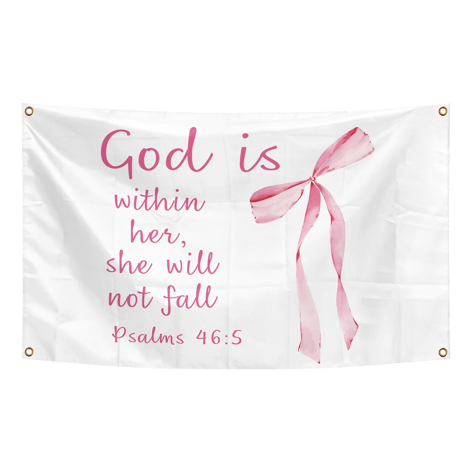 Pink Bow Flag Christian Tapestry 3×5 FT Banner God is within Her She Will Not Fall Bible Verse Wall Blanket Decor (Pink Coquette Bow)