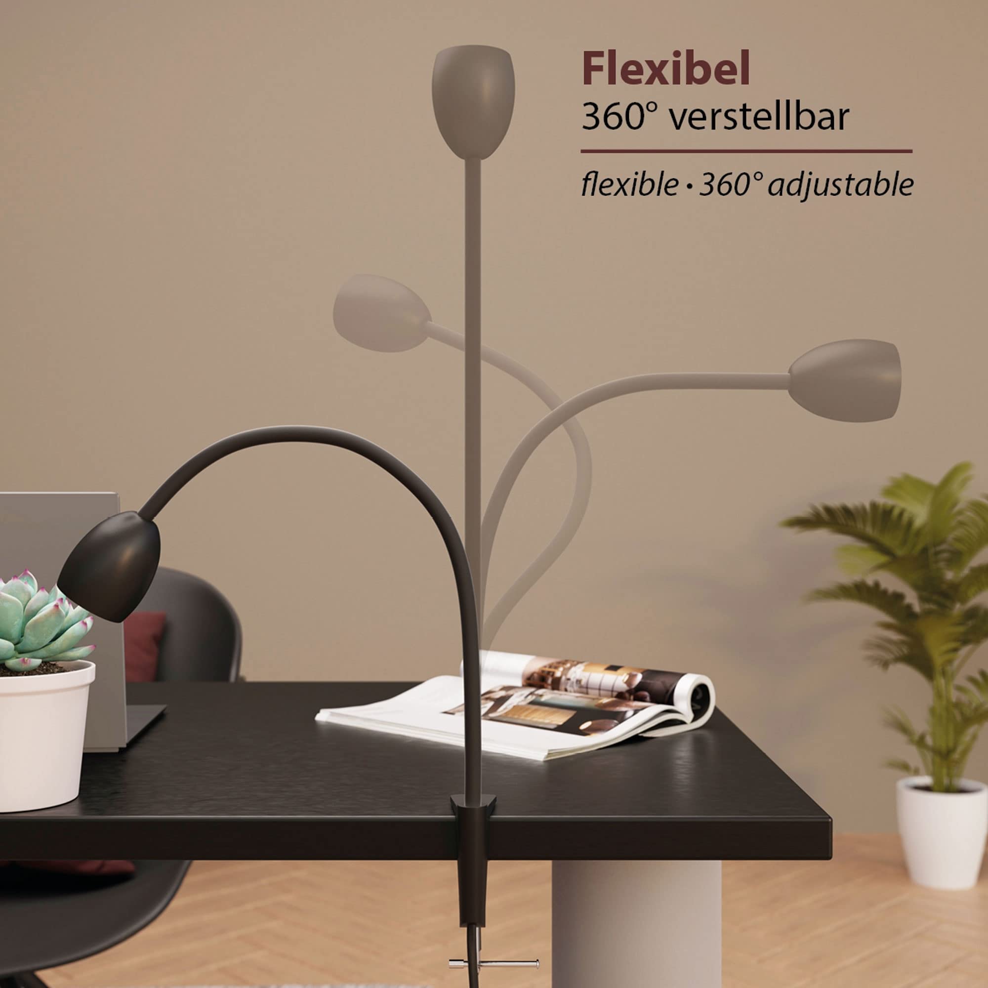 ledscom.de 2 pezzi lampada a morsetto, collo d'oca KLUK, interruttore, nero opaco, 1x GU10 max. 60W