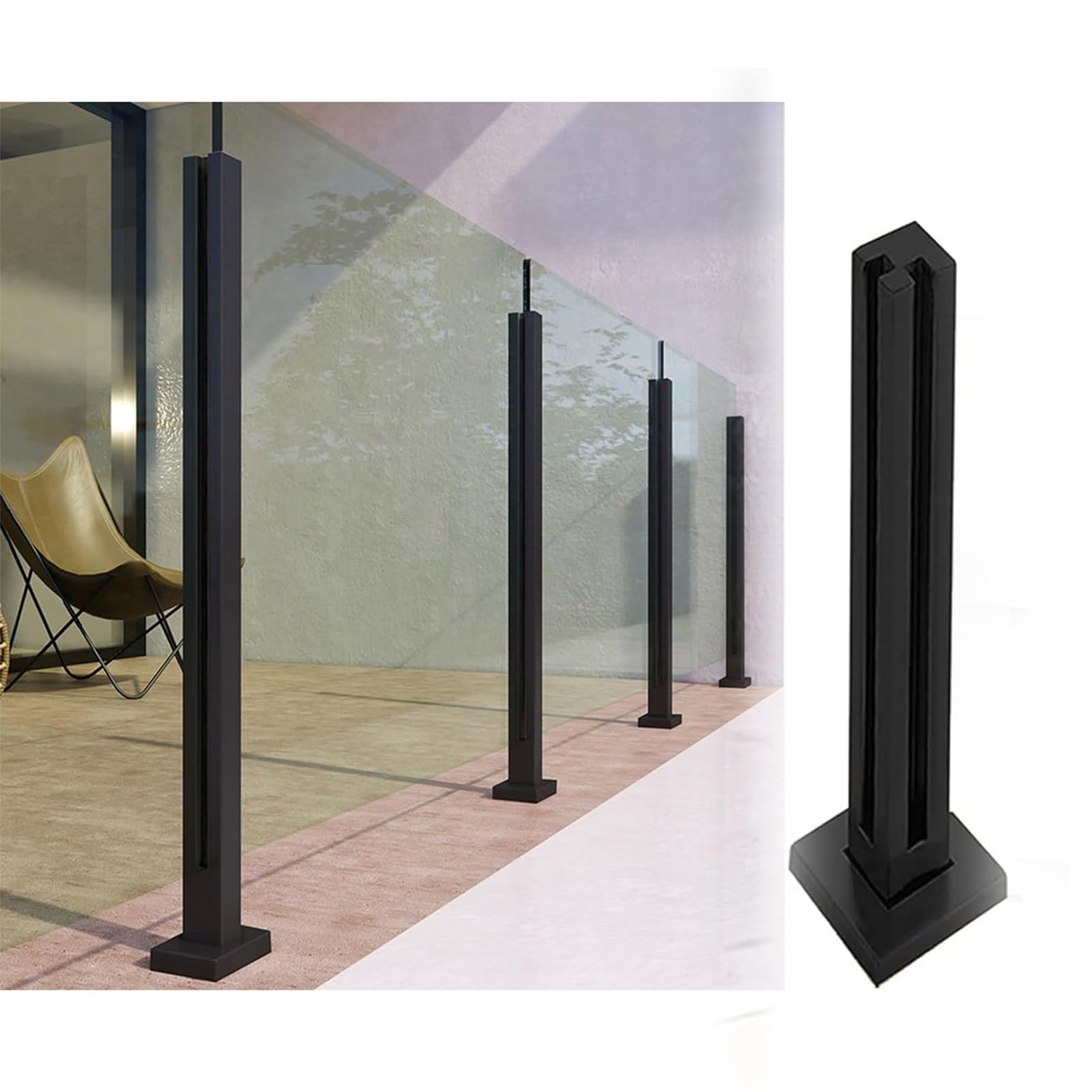 Balustrade en Verre Extérieure avec Poteau d'Angle Noir pour Terrasse et Balcon de Jardin