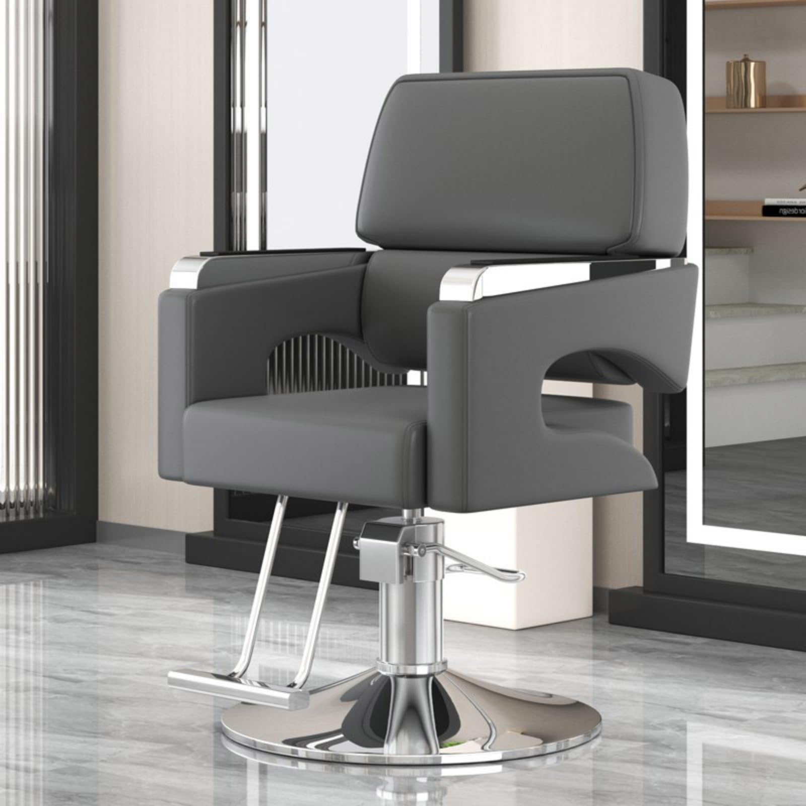 Friseurstühle, hydraulisch verstellbarer Salonstuhl – 360° drehbarer Friseur- und Tattoo-Stuhl, höhenverstellbar 84–94 cm, Grau – Professionelle Ausstattung für Friseursalons und Kosmetikstu