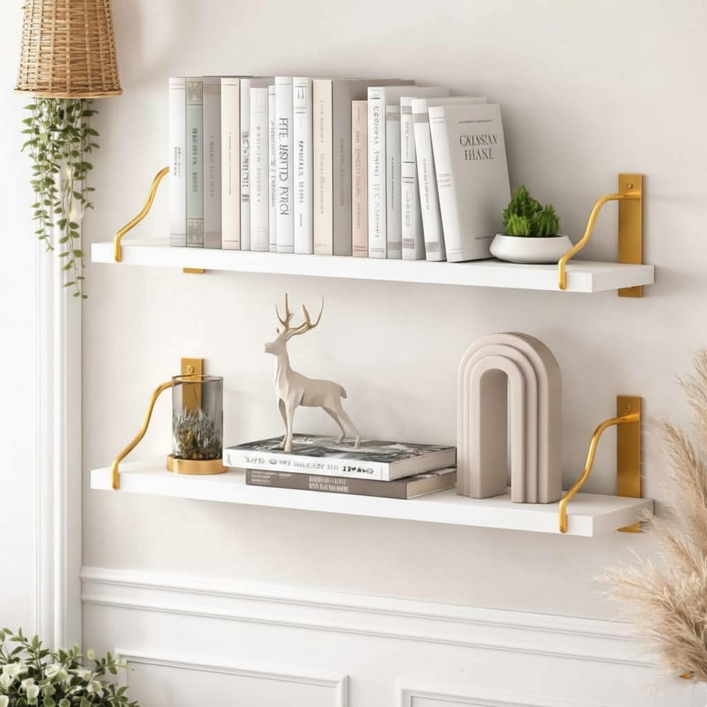 Wooden Wall Shelf for Living Room & Bedroom Wall Mounted Floating Plant Bookshelf Organizer Display Rack Storage Accessories Shelves Decorative Items (20 x 5.5 x 6 inch G-White)-image-41