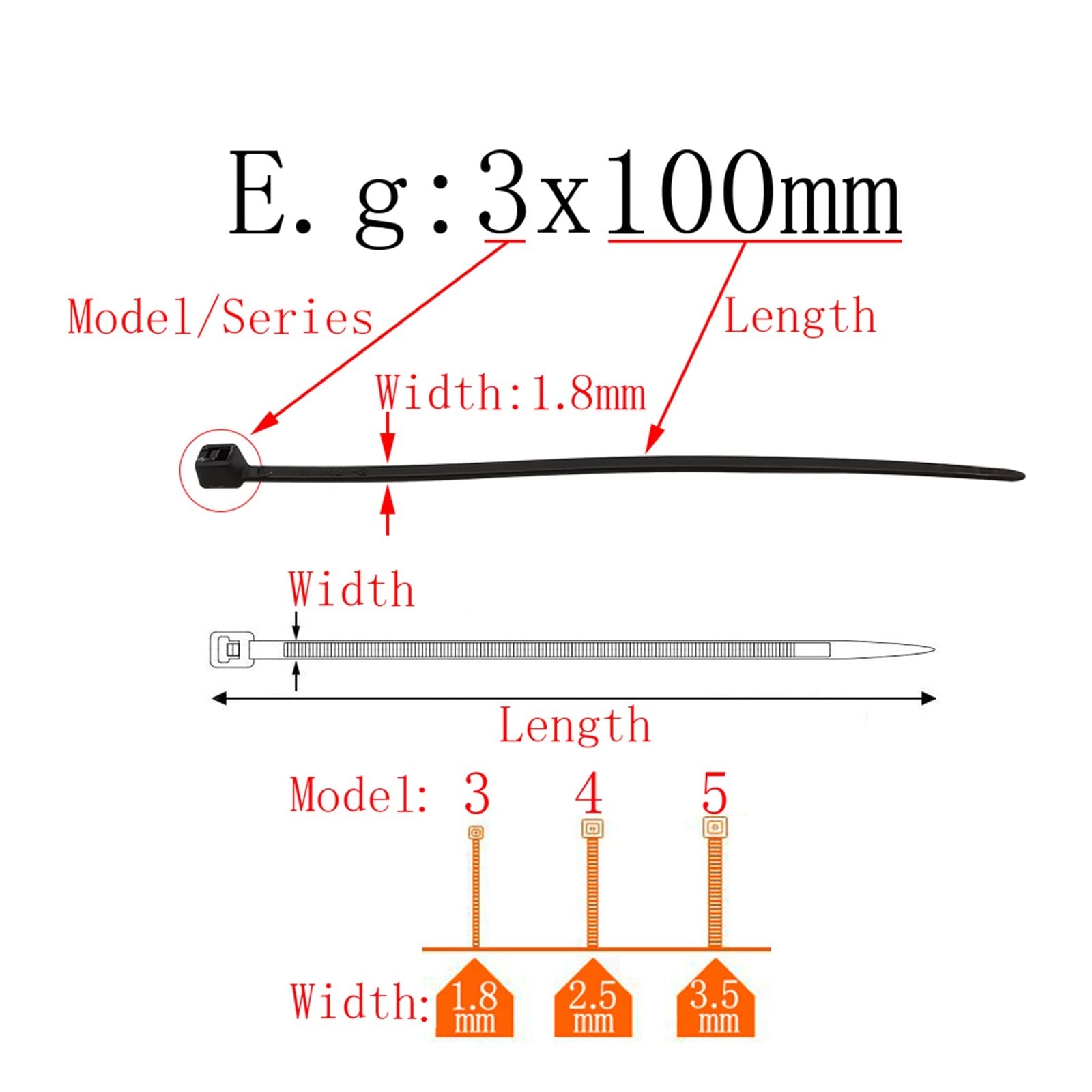 Bridas Bridas for Cables de Nailon plástico autoblocantes, Abrazaderas con Cremallera, Anillo sujeción, 100 Uds(4x250mm Width 2.5mm)