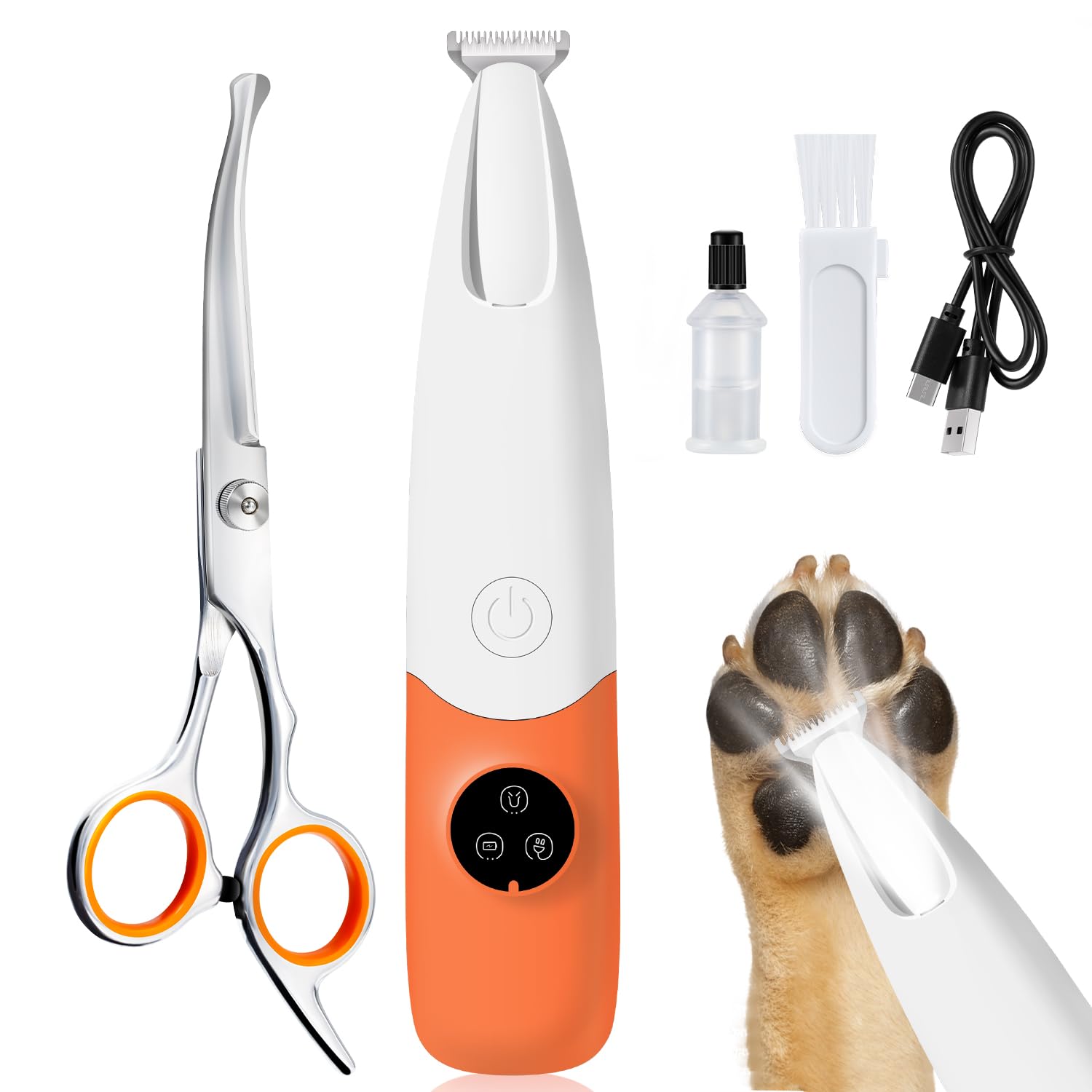 Dog Paw Trimmer with LED Light, Low Noise and USB Rechargeable, Safe Rounded-Tip Scissors, Paw Trimmers for Dog's Feet, Ears, Face and Rump
