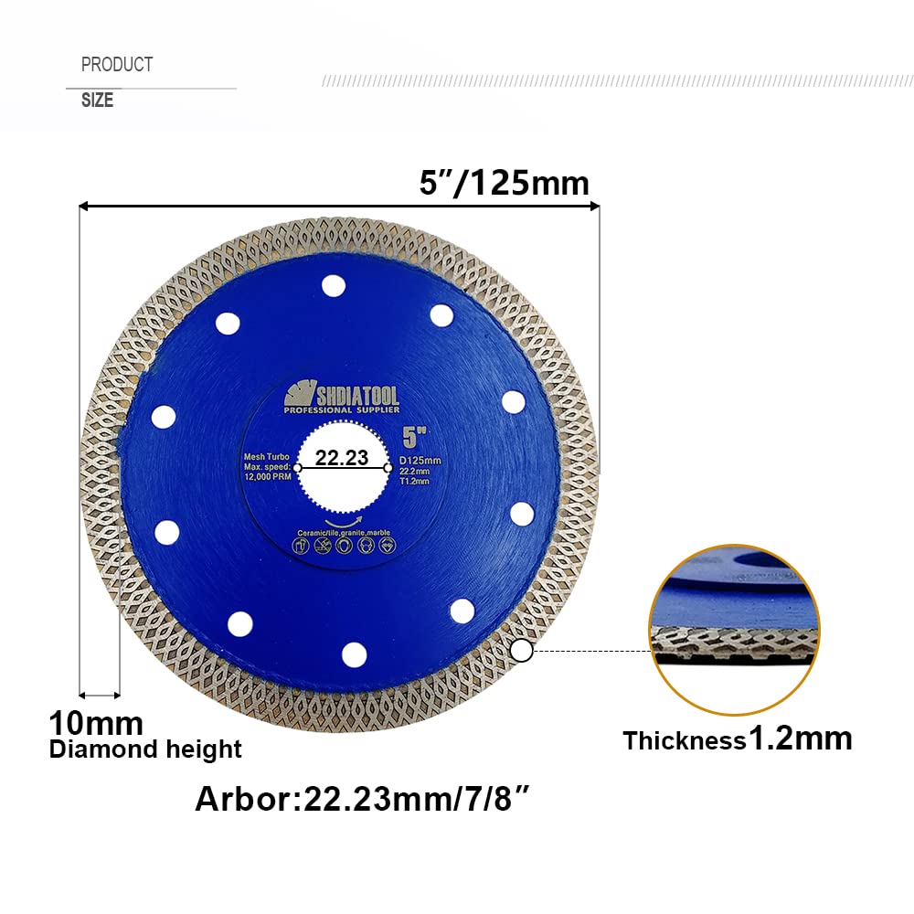SHDIATOOL Tarcza do cięcia diamentowego 5 szt. 125 mm / 5 cali bardzo cienkie X Mesh Turbo Ostrze do płytek marmuru ceramiki porcelany