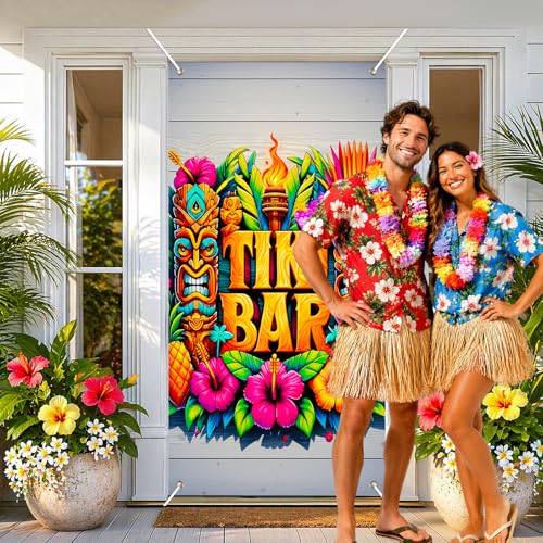 Image of BissYard Tiki Bar Door Cover 71 x 35 Inches Hawaiian Luau Door Banner Tropical Tiki Mask Pineapple Hibiscus Summer Party Front Door Decoration Indoor Outdoor Porch Island Theme Decor