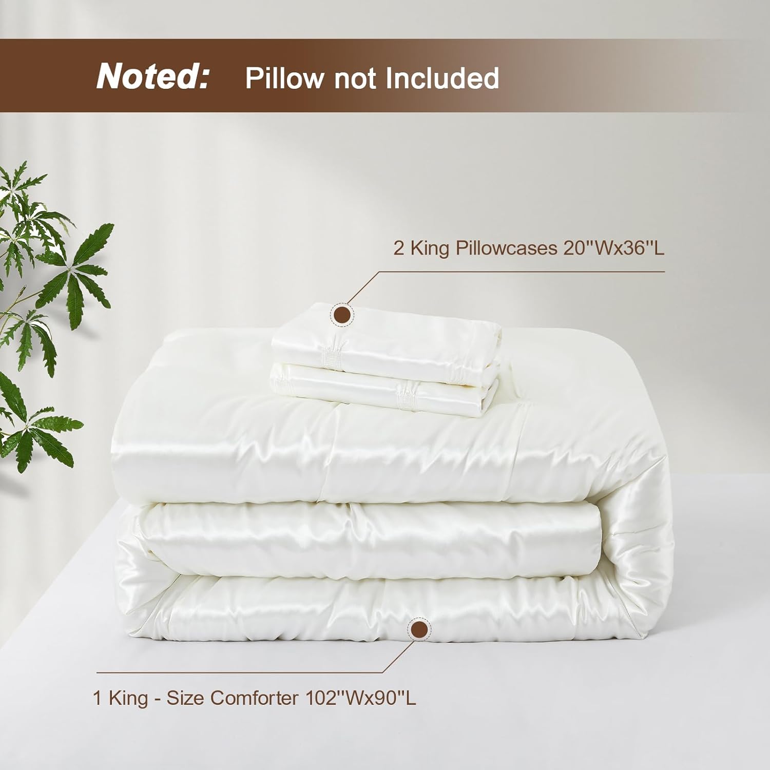 Lanest Housing King Size Satin Comforter Set Ivory White, 3 Pieces Soft and Lightweight Silk Bedding, All Season Fluffy Down Alternative Comforter Bed Set