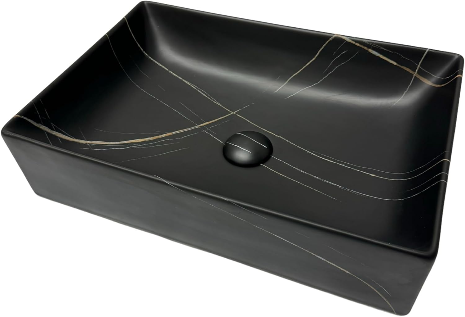 "20"x14" Rectangular Vessel Sink - Matte Black Marble Ceramic Bathroom Sink with Pop-Up Drain (Without Overflow), Above Counter Porcelain Vanity Basin. Faucys