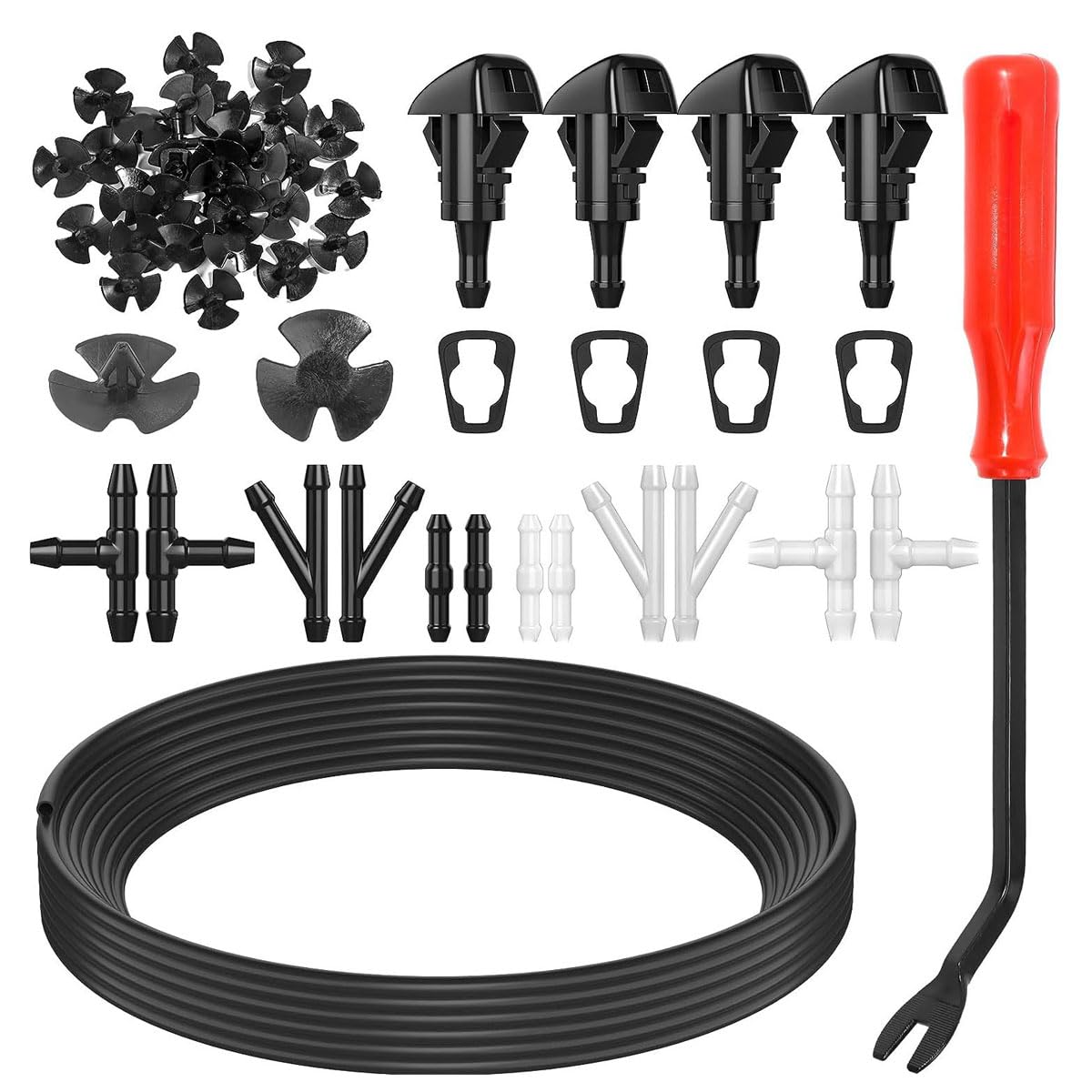 Windshield Washer Nozzles Kit Replacement for Chrysler Dodge Jeep Ram Windshield Washer Nozzle Hose Kit 4 Meters Windshield Fluid Hose, 3 Pcs Connector Red, 10 Pcs Hood Insulation Retainers