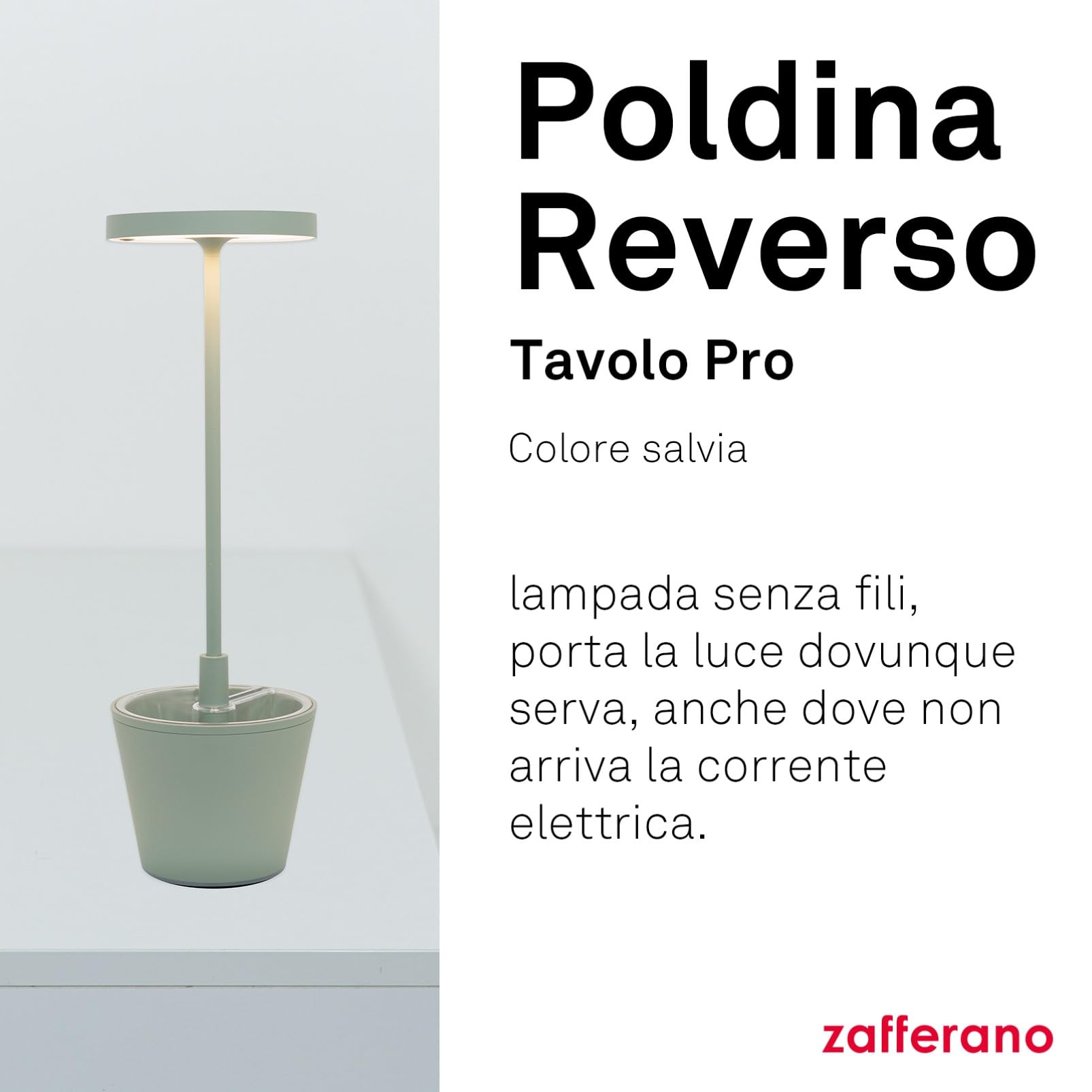 Zafferano Lampada Poldina Reverso, Lampada da Tavolo Ricaricabile e Senza Fili con Controllo Touch, Adatta per Salotto ed Esterni, Dimmer, 2200-3000 K, Altezza 35 cm, Colore Salvia