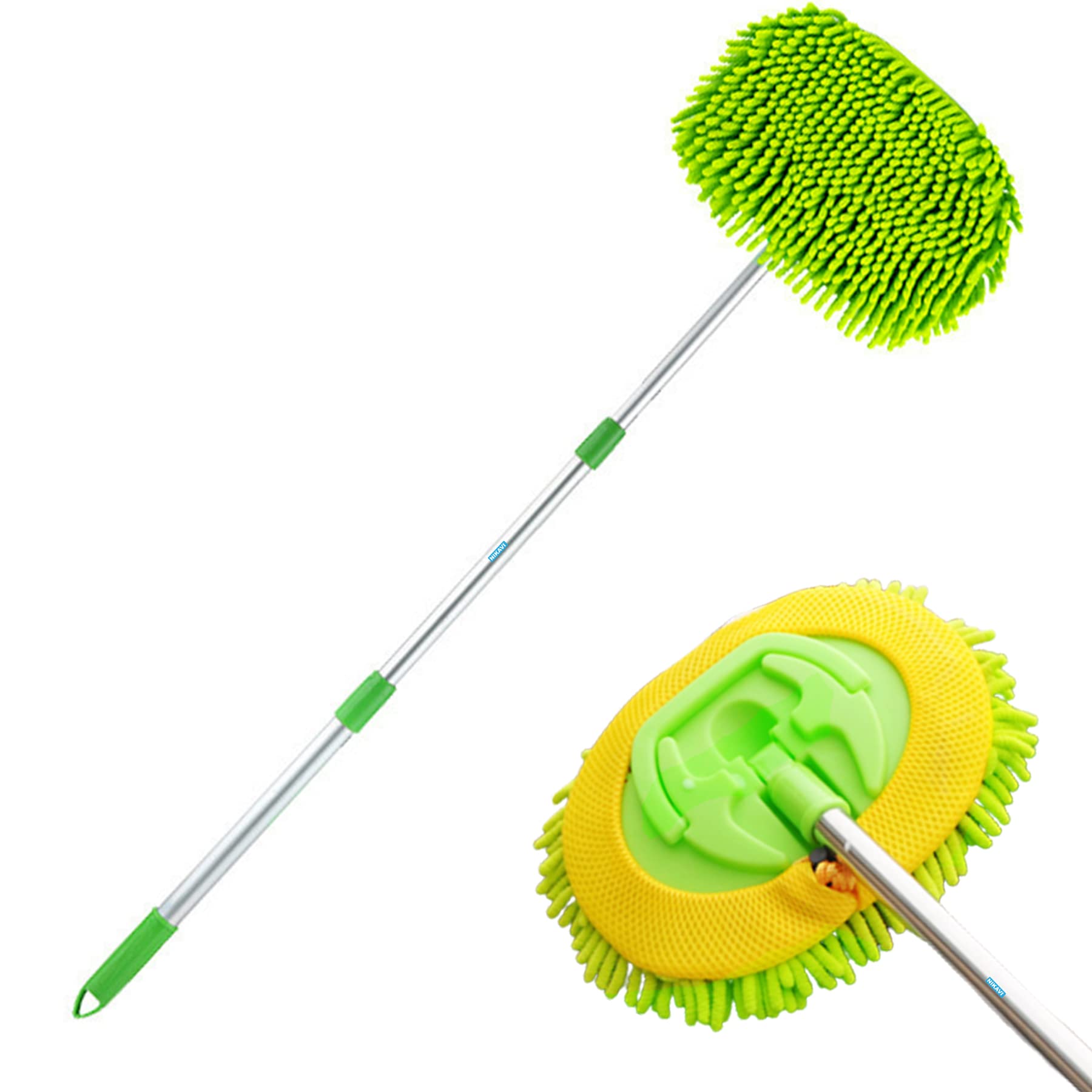 NIKAVI Microfiber Chenille Car Wash Brush Mop Kit Mitt with Long Handle Car Cleaning Supplies Kit Duster Powder Coating (Green) 97 cm (97 CM)-image-12