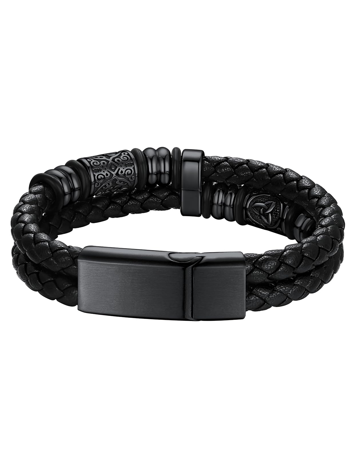 Richsteel Doppelreihiges Leder Armband für Herren Flechtarmband mit Magnet Verschluss aus Edelstahl Armspange Armband Keltische Elemente 19/21/23 cm Silber Schwarz