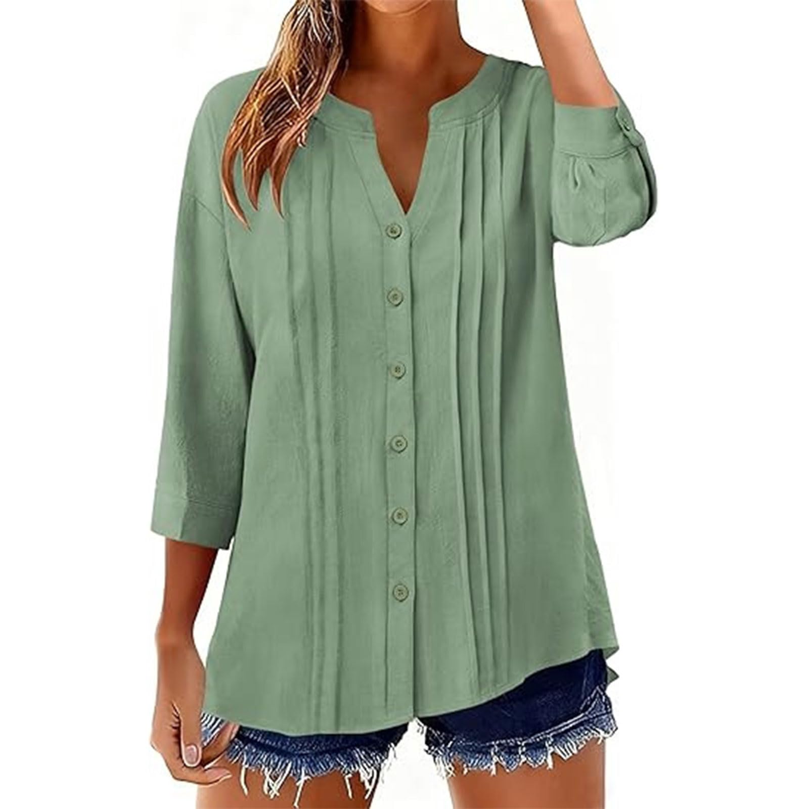 Top casual da donna, camicia a 3/4 con bottoni sul davanti, scollo a V, camicetta allentata plissettata con cintura in vita con scollo a V a pieghe camicia rilassata