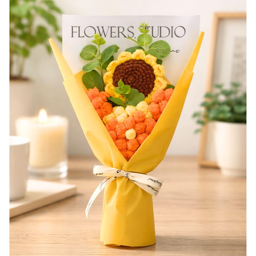 SATYAM KRAFT 1 Pcs Artificial Flower Bouquet for Him Her | Romantic Décor for Valentine, Anniversary, Wedding, Birthday | Home, Table Office Decoration (Sunflower Daisy Crochet Bouquet)-image-24
