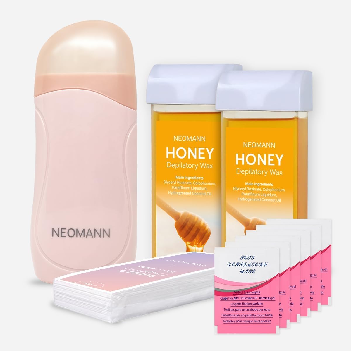 2x Honey Wax n Roll Kit d'épilation | Chauffe-cire Roll On avec 2x cartouches de miel (Rose), 50 bandes de cire et 6 lingettes de soin – Qualité salon pour la maison