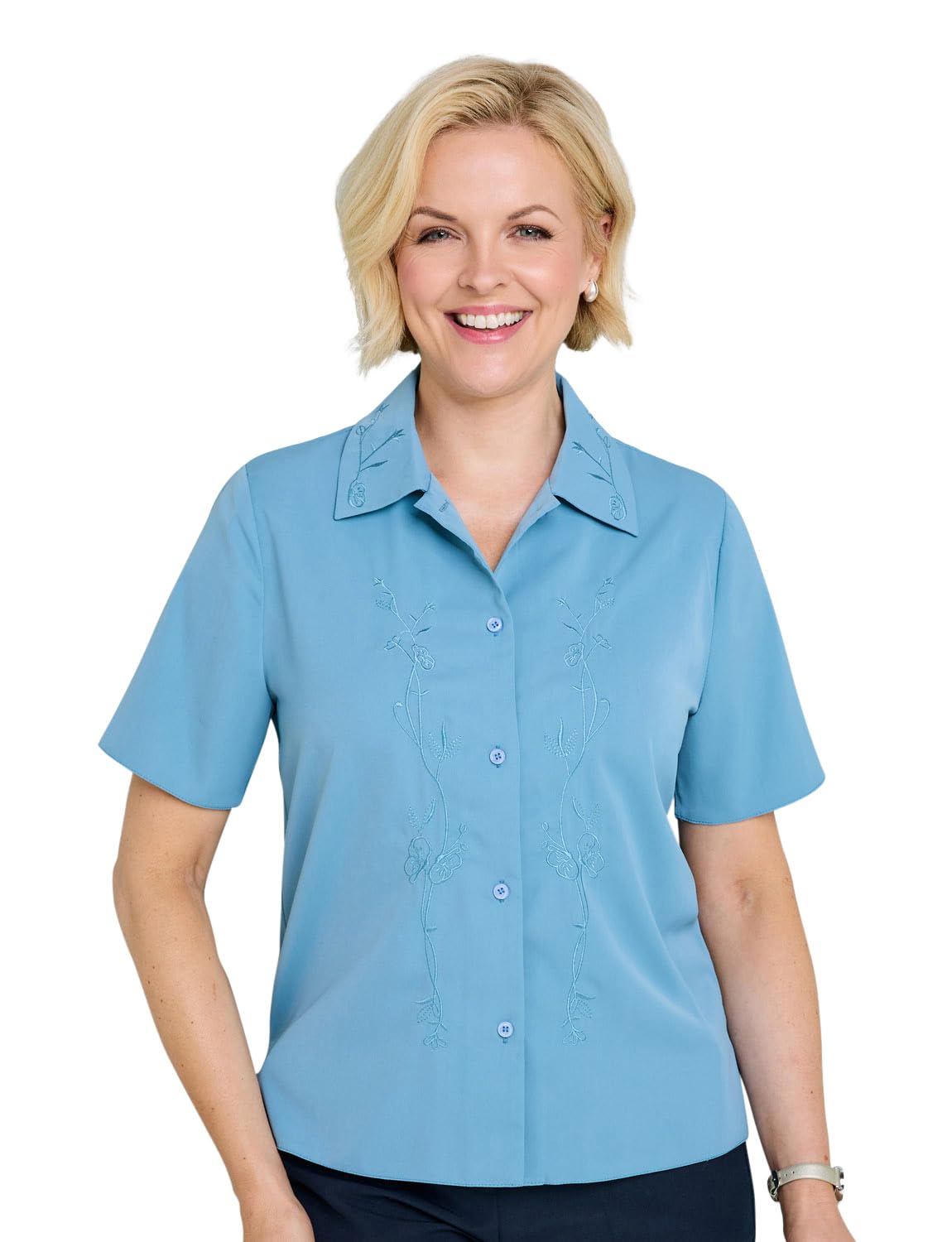 Chums Ladies Embroidered Blouse Short Sleeve Button Up Dusky Blue 22