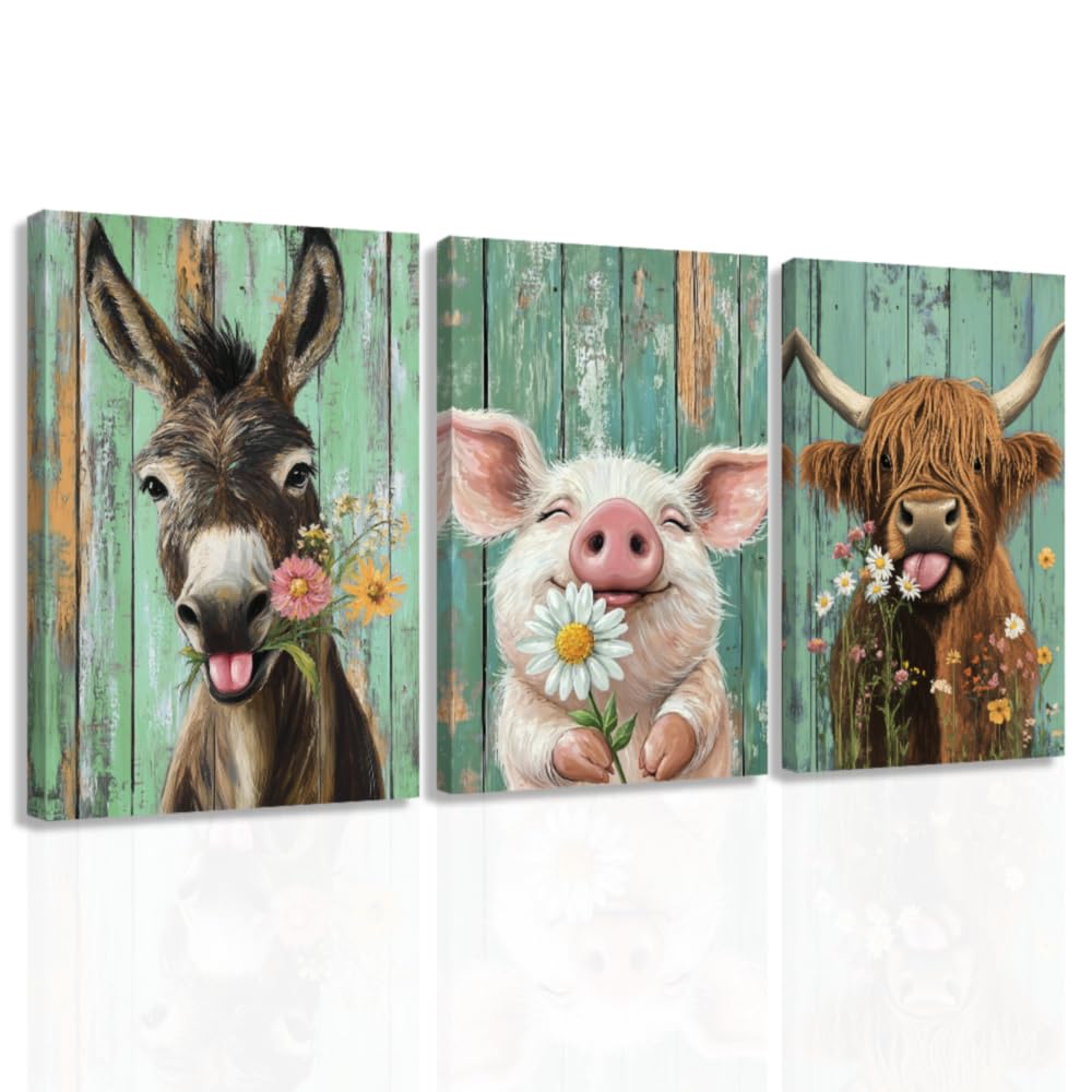 ZXHYWYM3 Piece Farm Animal Wall Art Funny Highland Cow Donkey Pig Painting Animal and Flower Pictures Farmhouse Canvas Prints Home Decor Framed (60x90cmx3)