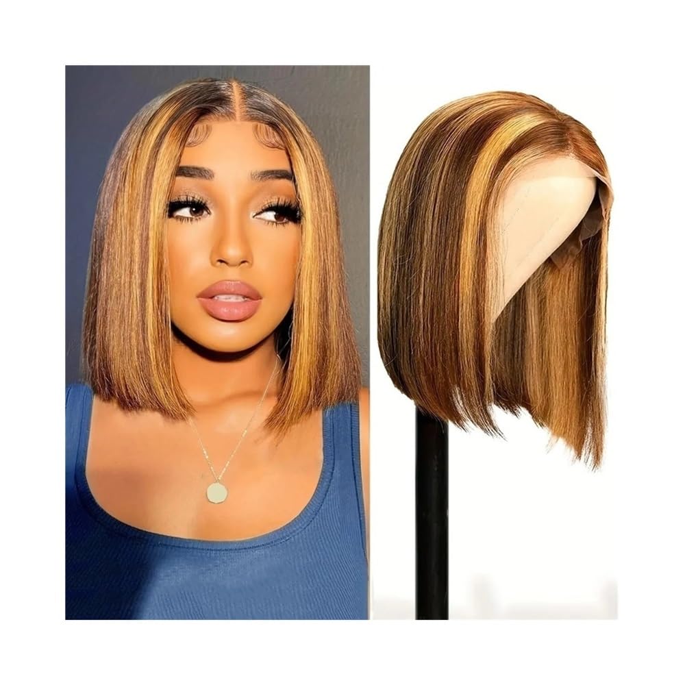 Parrucche per capelli Parrucche Bob Frontali in Pizzo con Parte a T in Capelli Umani Biondi Corti Lisci in Densità 180(14inches)