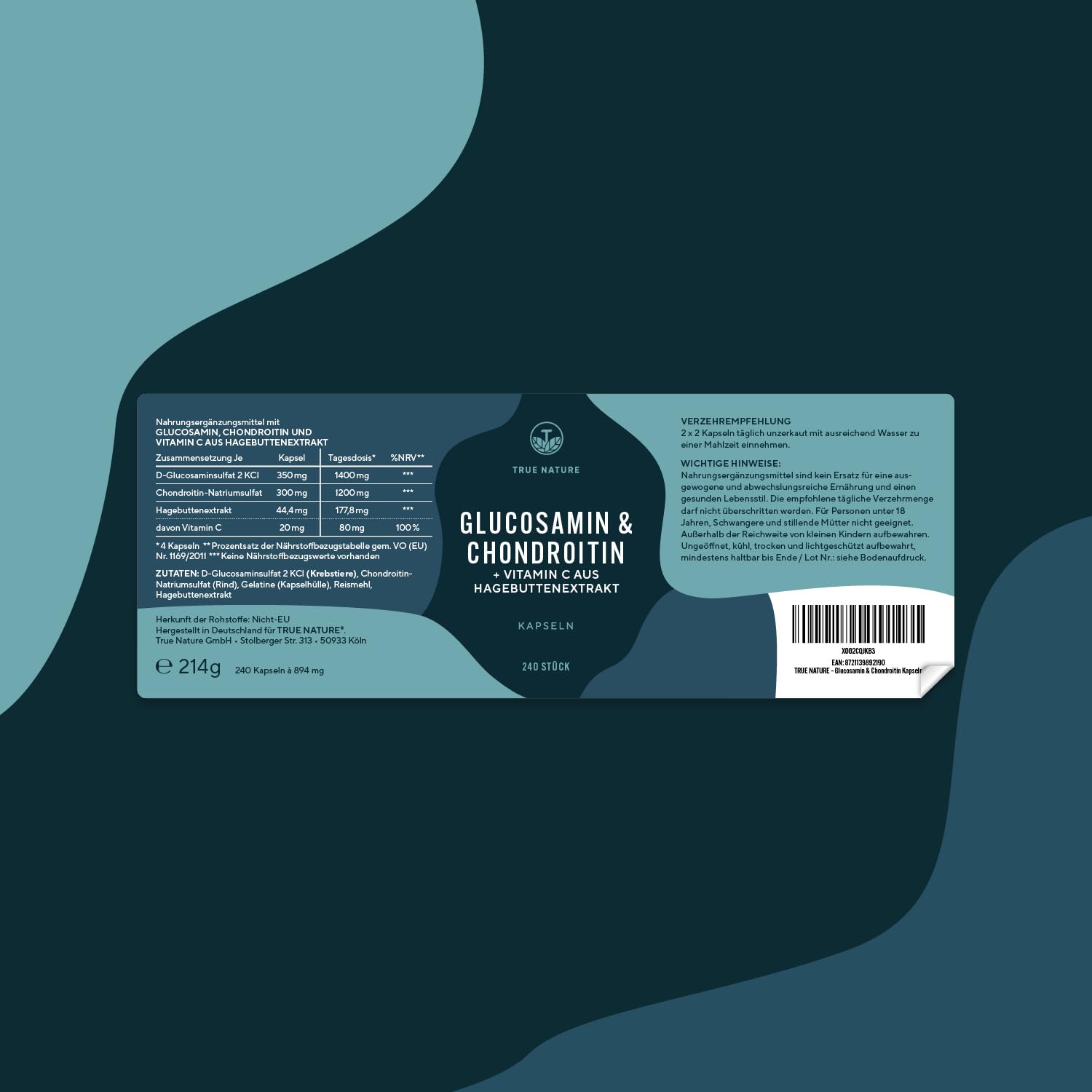 Glucosamin Chondroitin hochdosiert - 240 Kapseln mit 2600mg Glucosamin & Chondroitin pro Tag - mit Vitamin C (trägt zur normalen Kollagenbildung bei) - Pharmazeutische Qualität - TRUE NATURE