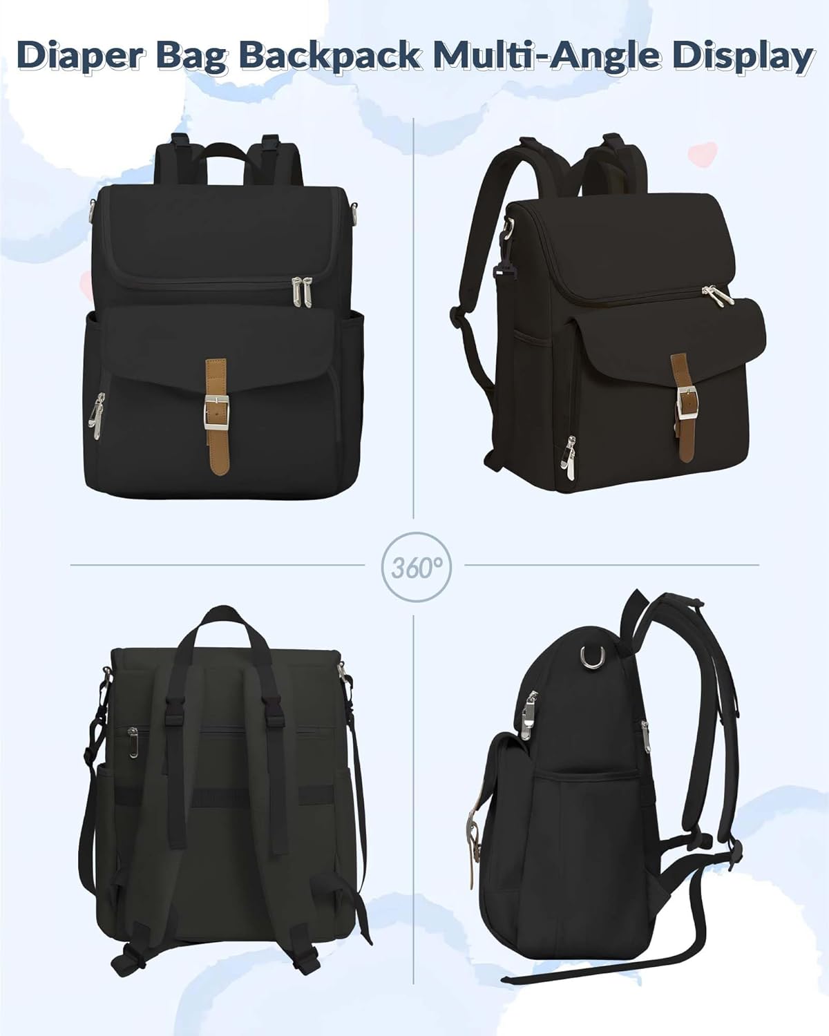 Diaper Bag Backpack, 15 Pockets Baby Bag, Girl Boy Travel Tote Bag with Insulated Pocket, Cute Diaper Bag Stroller Straps, Baby Shower & Registry Gift for Mom Dad Black