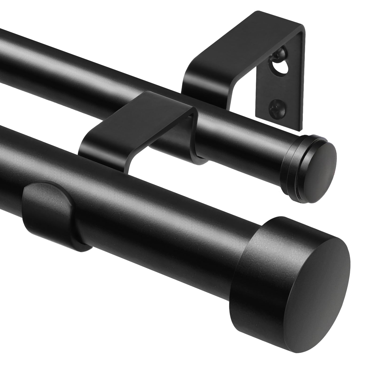 KAMANINA Double Curtain Pole 90 to 182 cm, 25 mm Diameter Extendable Curtain Pole, Black Curtain Poles for Eyelet Curtains with End Cap Finials