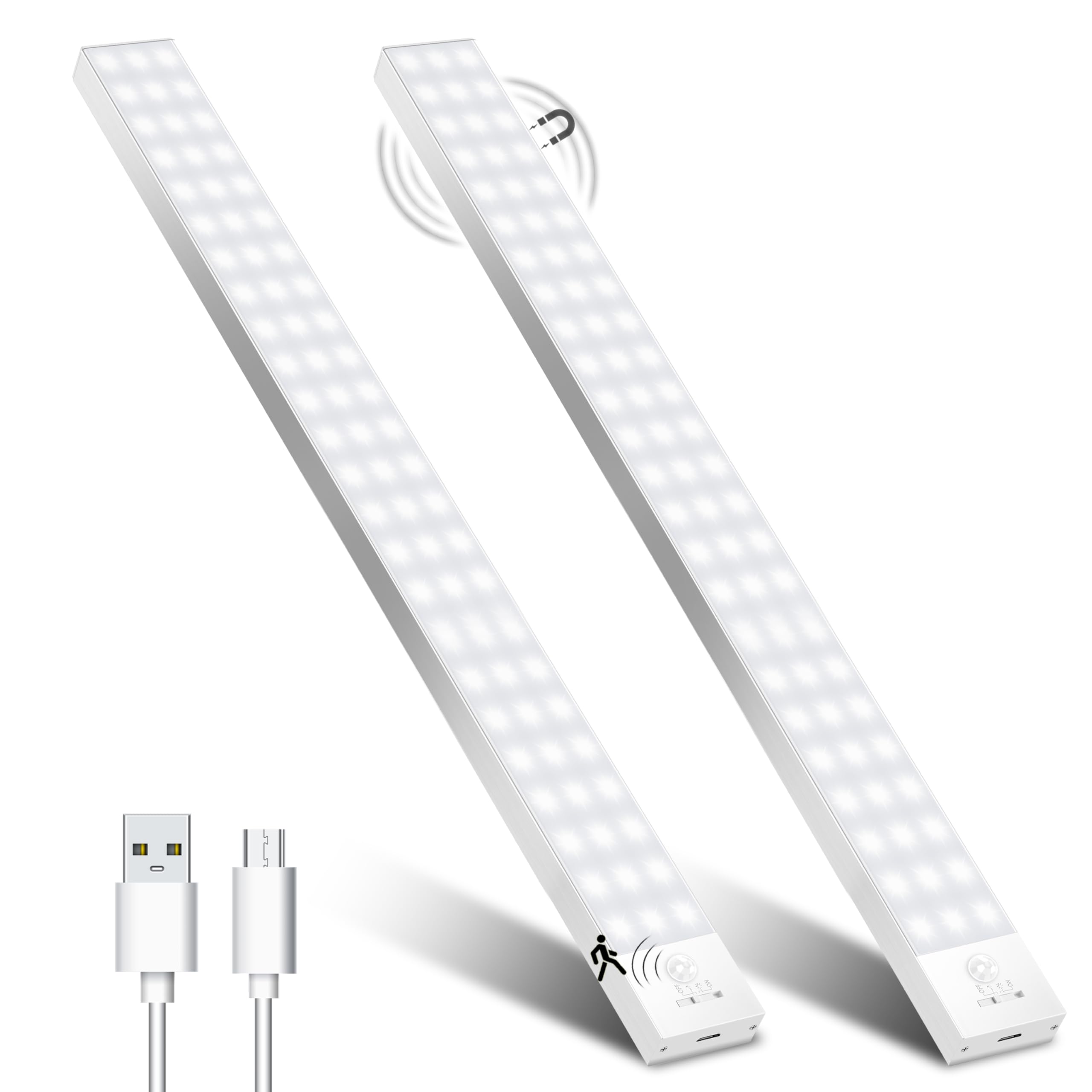 Schrankbeleuchtung LED mit Bewegungsmelder 43,5cm 2Stück Schranklicht Schrankleuchte Led Leiste Batterie USB Wiederaufladbar Unterbauleuchte Küche Schrankleuchten für Kleiderschrank,Treppe,Kofferraum