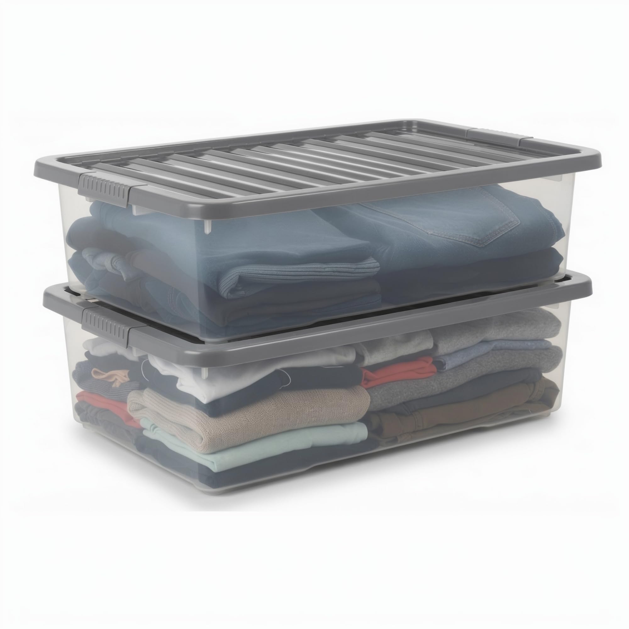 2x 32L Clear Underbed Storage Box with Grey Clip-On Lid β Slim Plastic Storage Container, Space-Saving Multipurpose Stackable & Nestable Organisers for Clothes, Bedding, Shoes, Toys & Household Items
