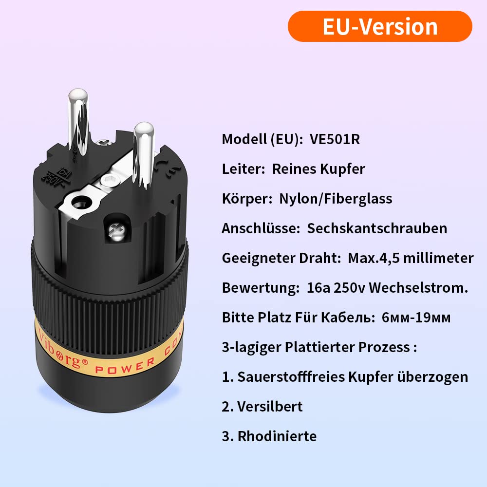 Tertullus VE501R + VF501R - Enchufe de cobre chapado en rodio (conector Schuko de alta gama, para cable de alimentación HiFi DIY)