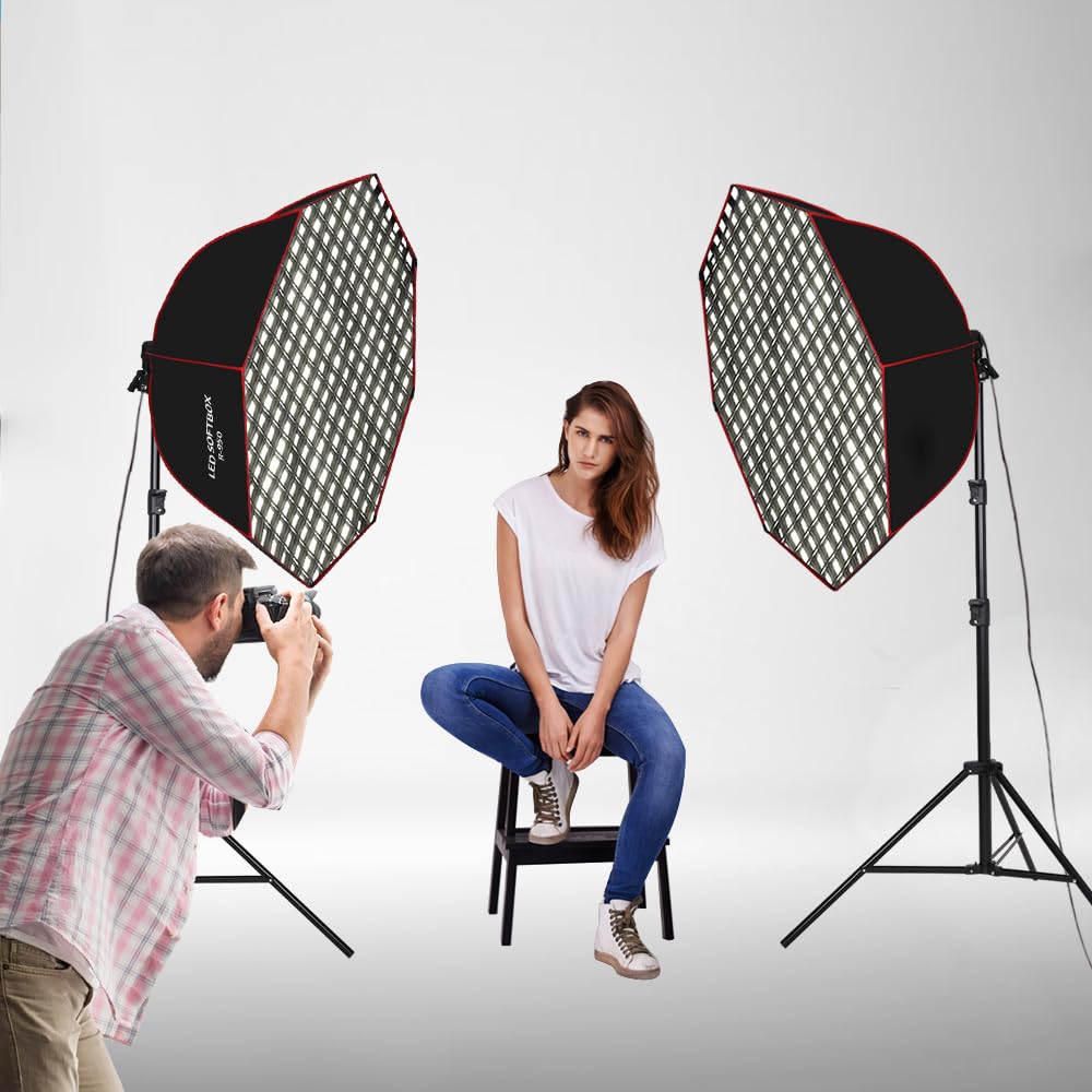 Kit de Softbox de iluminación parabólica octogonal 110 W, Softbox 95 cm con rejilla alveolar/mando a distancia, soporte para luz de estudio, grabación de vídeo, fotografía de retratos, en